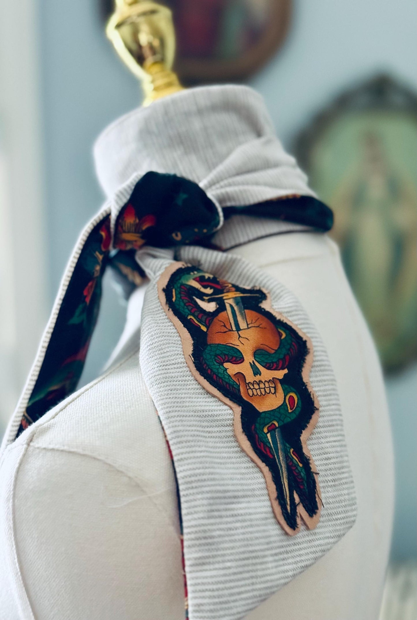 Handmade Linen Pinstripe Skinny Scarf: Alexander Henry Tattoo Fabric & Leather Appliqué