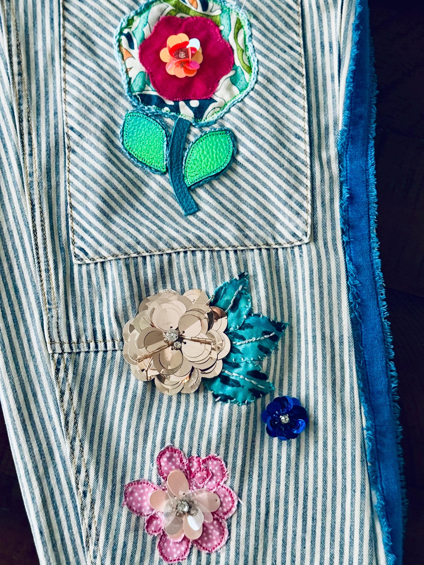 Custom Denim Rework: Appliqué & Velvet Trim - Tailored Fit