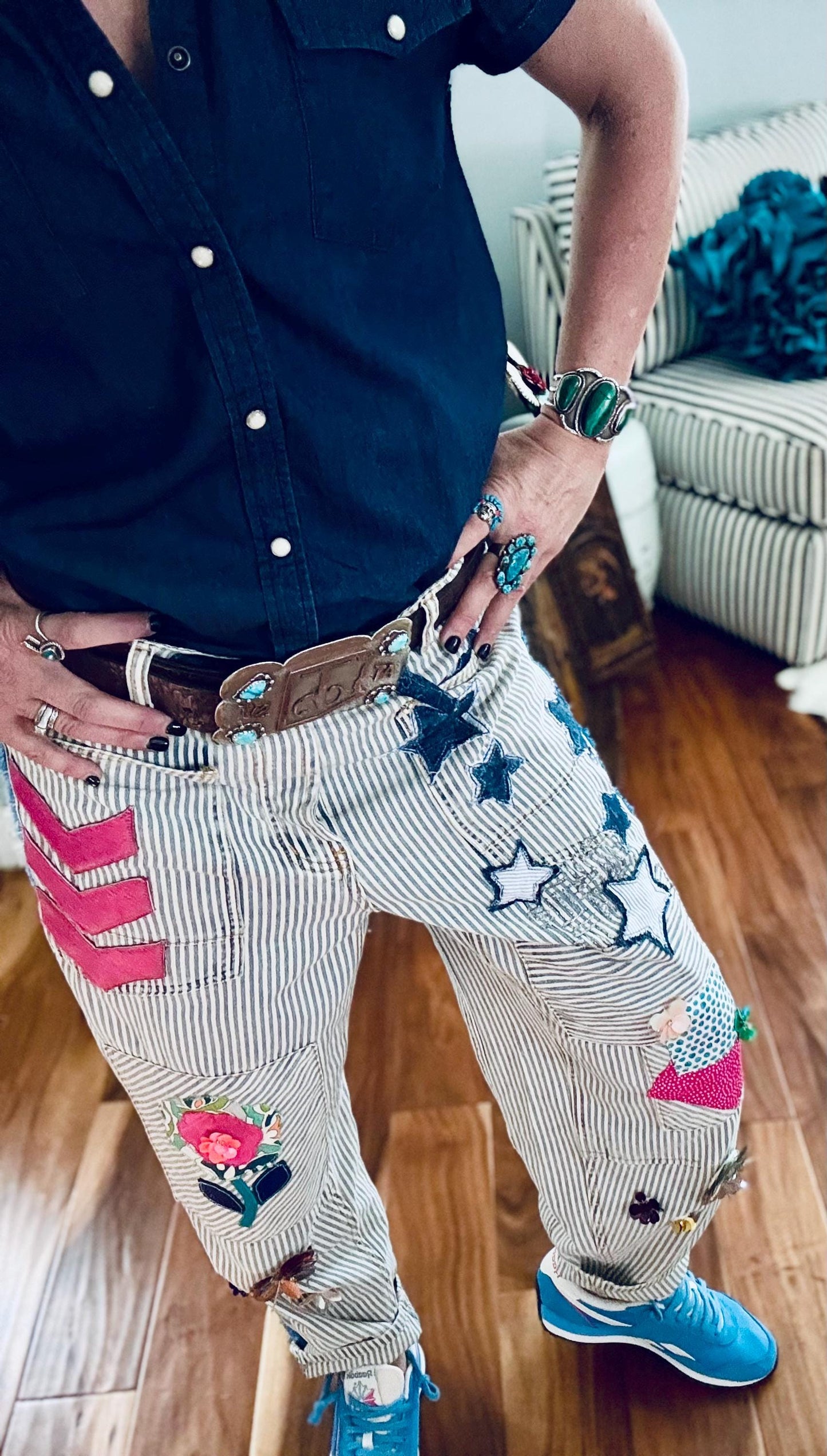 Custom Denim Rework: Appliqué & Velvet Trim - Tailored Fit