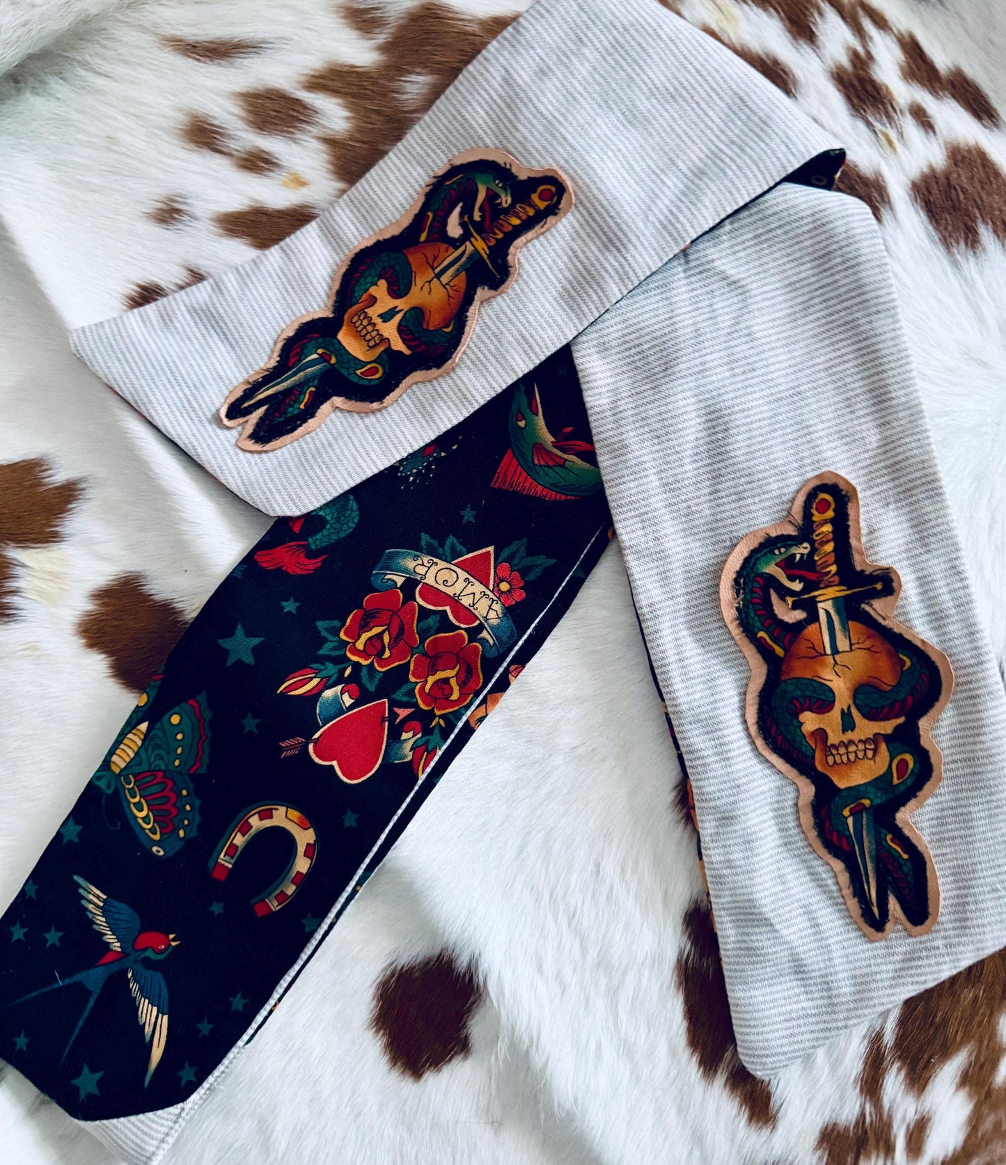 Handmade Linen Pinstripe Skinny Scarf: Alexander Henry Tattoo Fabric & Leather Appliqué