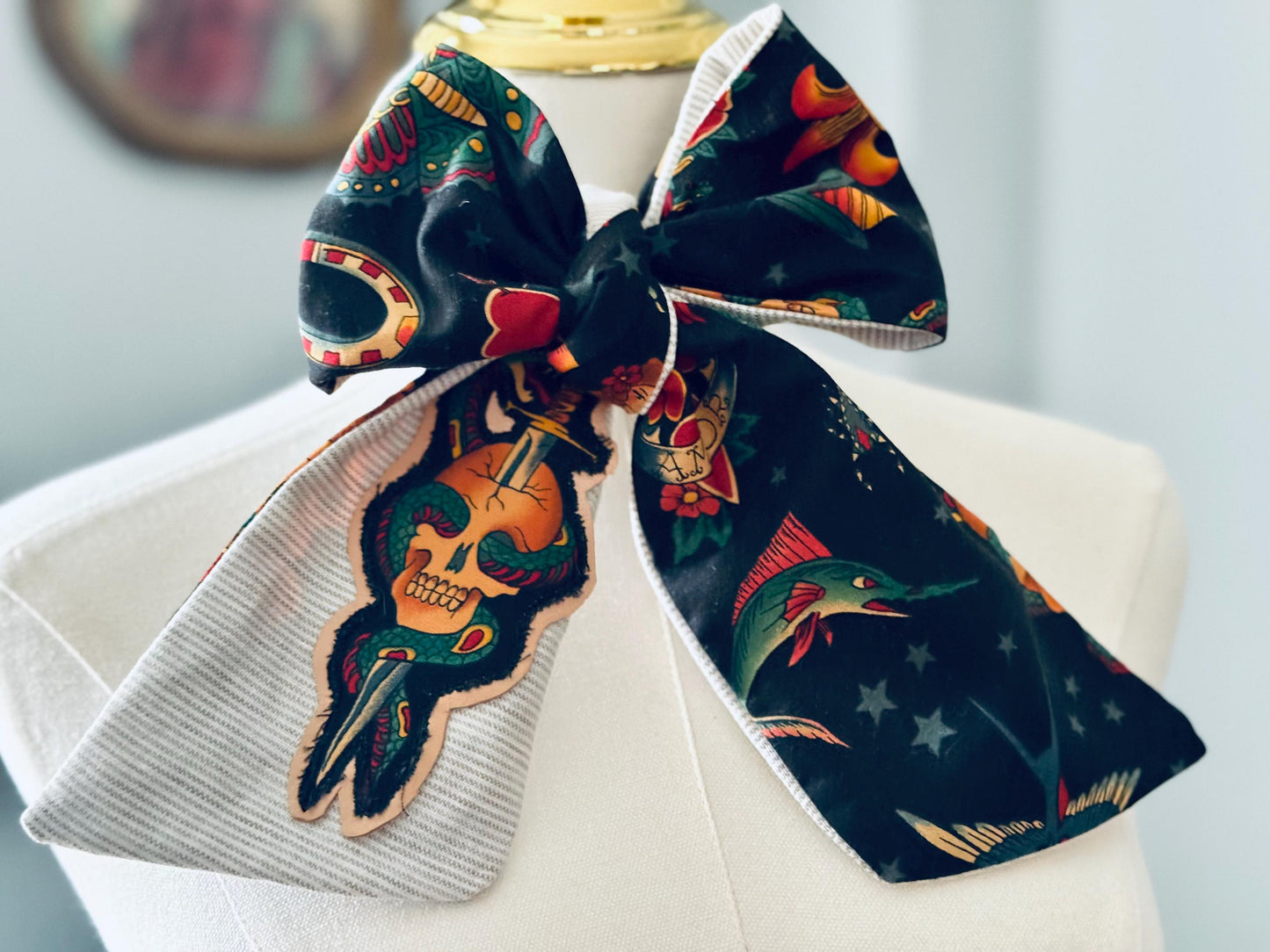Handmade Linen Pinstripe Skinny Scarf: Alexander Henry Tattoo Fabric & Leather Appliqué