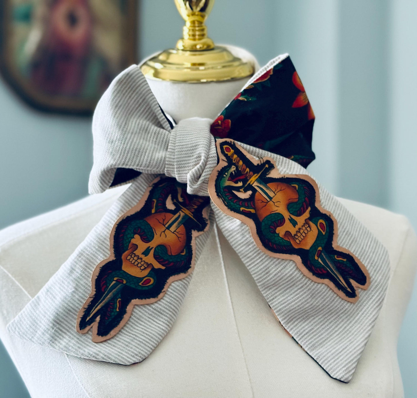 Handmade Linen Pinstripe Skinny Scarf: Alexander Henry Tattoo Fabric & Leather Appliqué