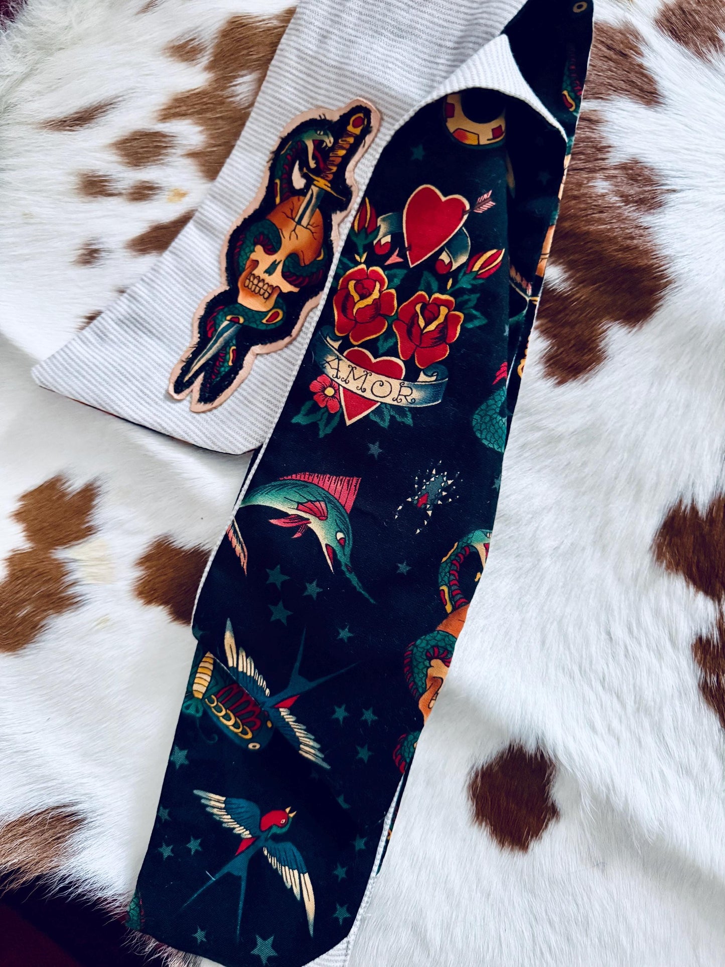 Handmade Linen Pinstripe Skinny Scarf: Alexander Henry Tattoo Fabric & Leather Appliqué