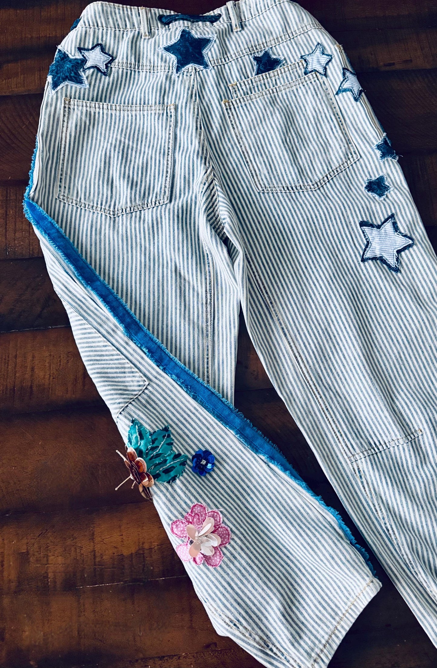 Custom Denim Rework: Appliqué & Velvet Trim - Tailored Fit