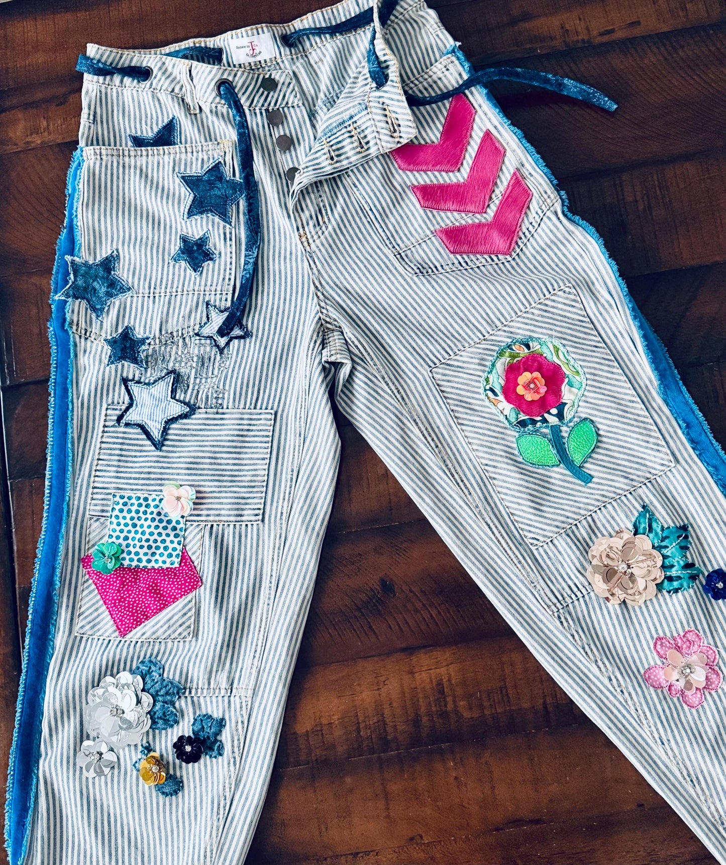 Custom Denim Rework: Appliqué & Velvet Trim - Tailored Fit
