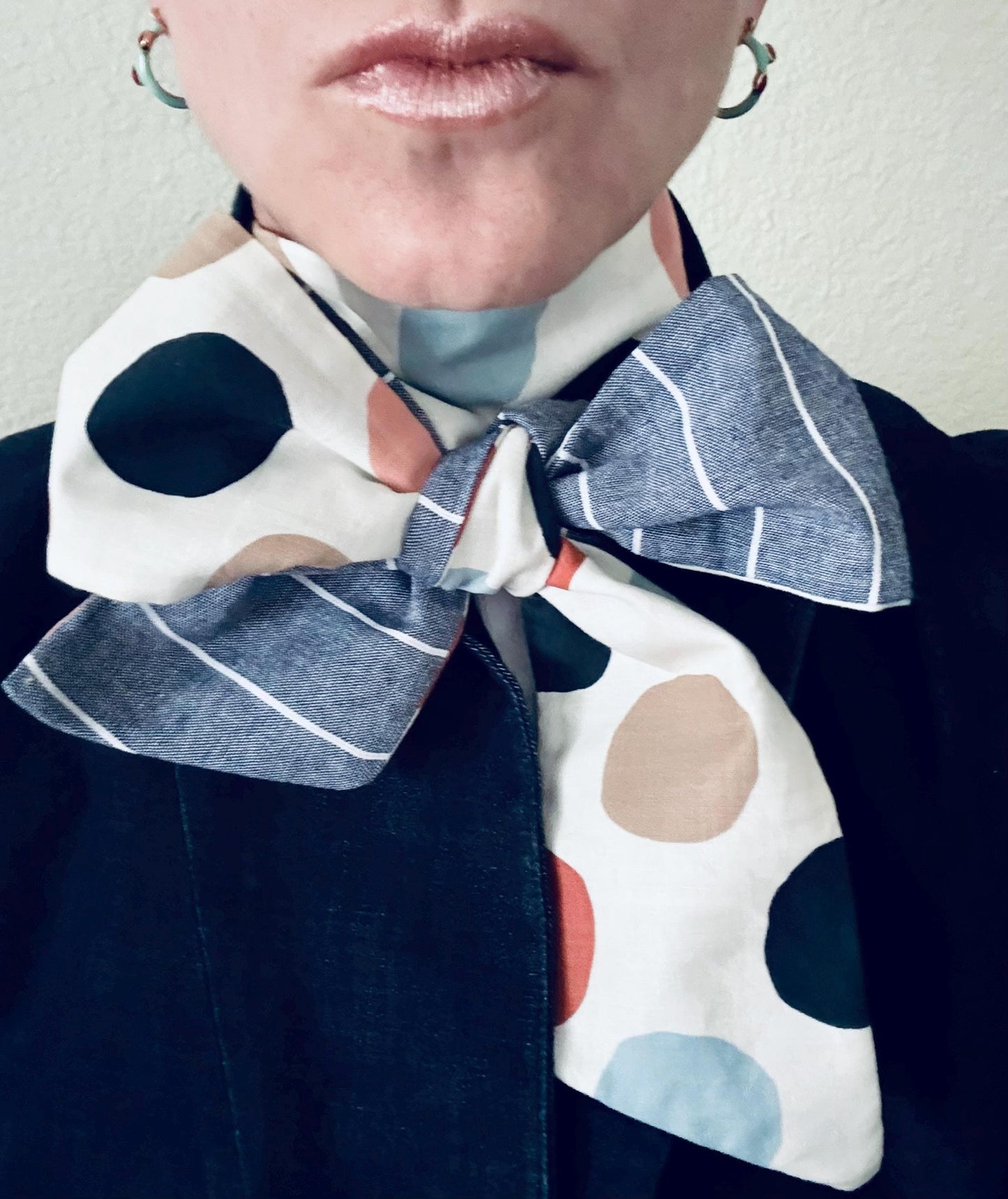 Handmade Skinny Scarf: Blue Stripe Polka Dot Patchwork - 60" x 3"