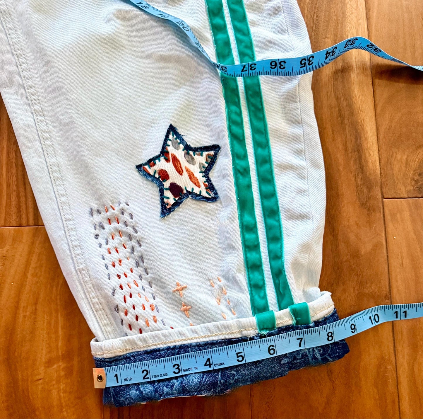 Reworked Barrel Jeans: Hand-Cut Denim Appliqué and Velvet Stripes, Light Wash