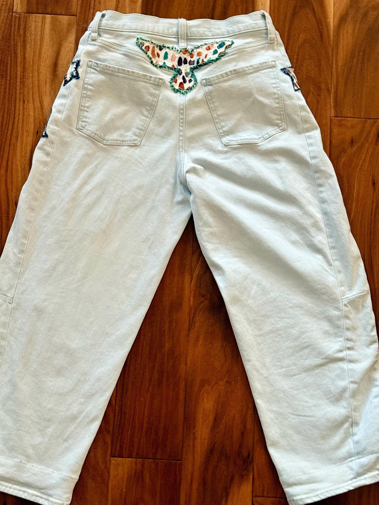 Reworked Barrel Jeans: Hand-Cut Denim Appliqué and Velvet Stripes, Light Wash