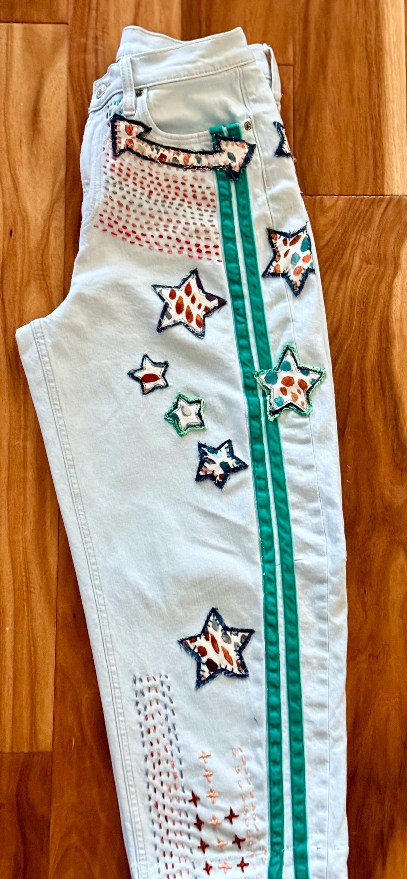 Reworked Barrel Jeans: Hand-Cut Denim Appliqué and Velvet Stripes, Light Wash