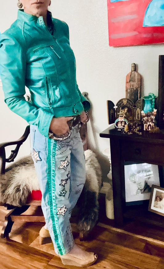 Reworked Barrel Jeans: Hand-Cut Denim Appliqué and Velvet Stripes, Light Wash