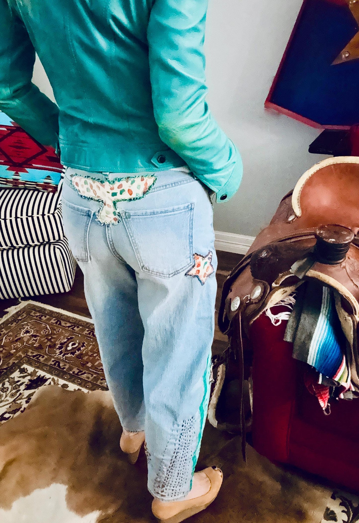 Reworked Barrel Jeans: Hand-Cut Denim Appliqué and Velvet Stripes, Light Wash