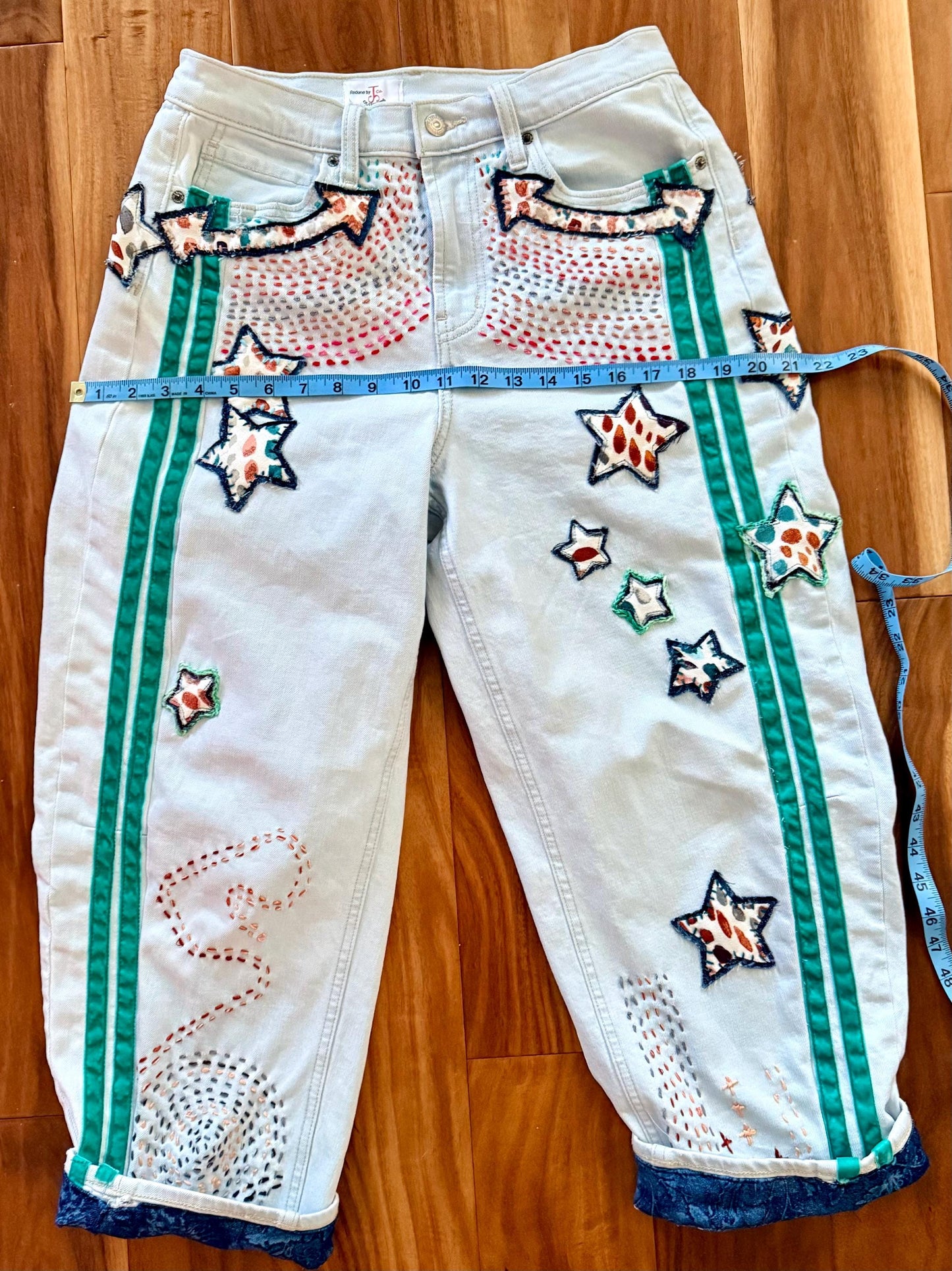Reworked Barrel Jeans: Hand-Cut Denim Appliqué and Velvet Stripes, Light Wash