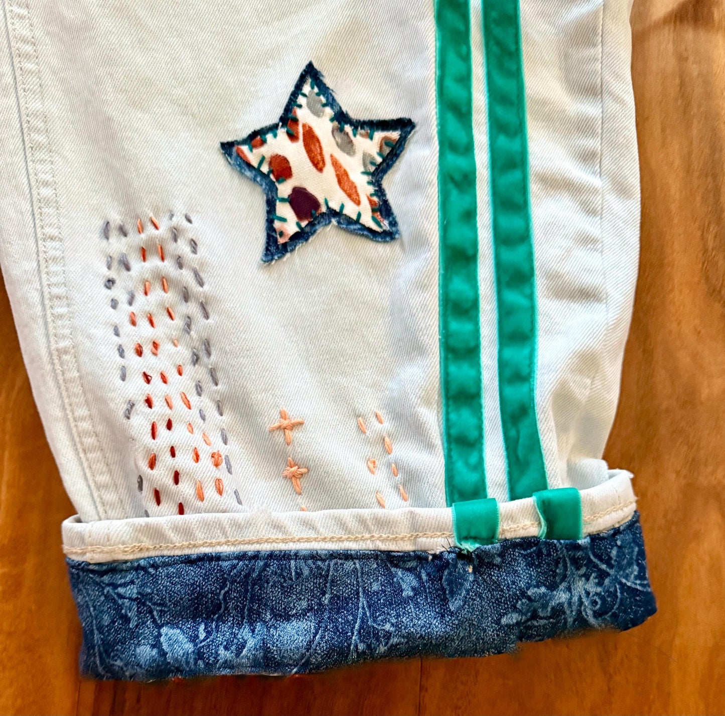 Reworked Barrel Jeans: Hand-Cut Denim Appliqué and Velvet Stripes, Light Wash