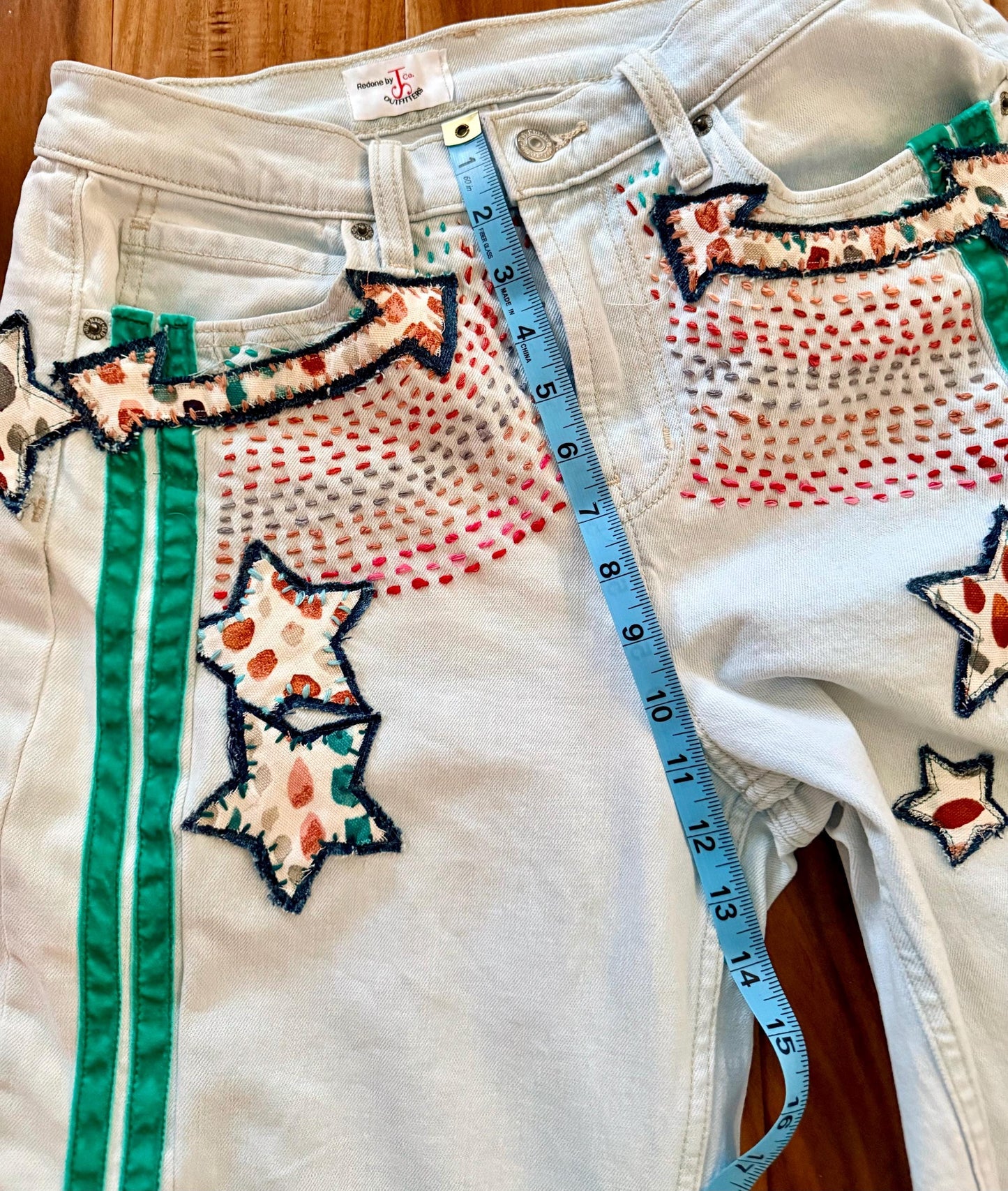 Reworked Barrel Jeans: Hand-Cut Denim Appliqué and Velvet Stripes, Light Wash