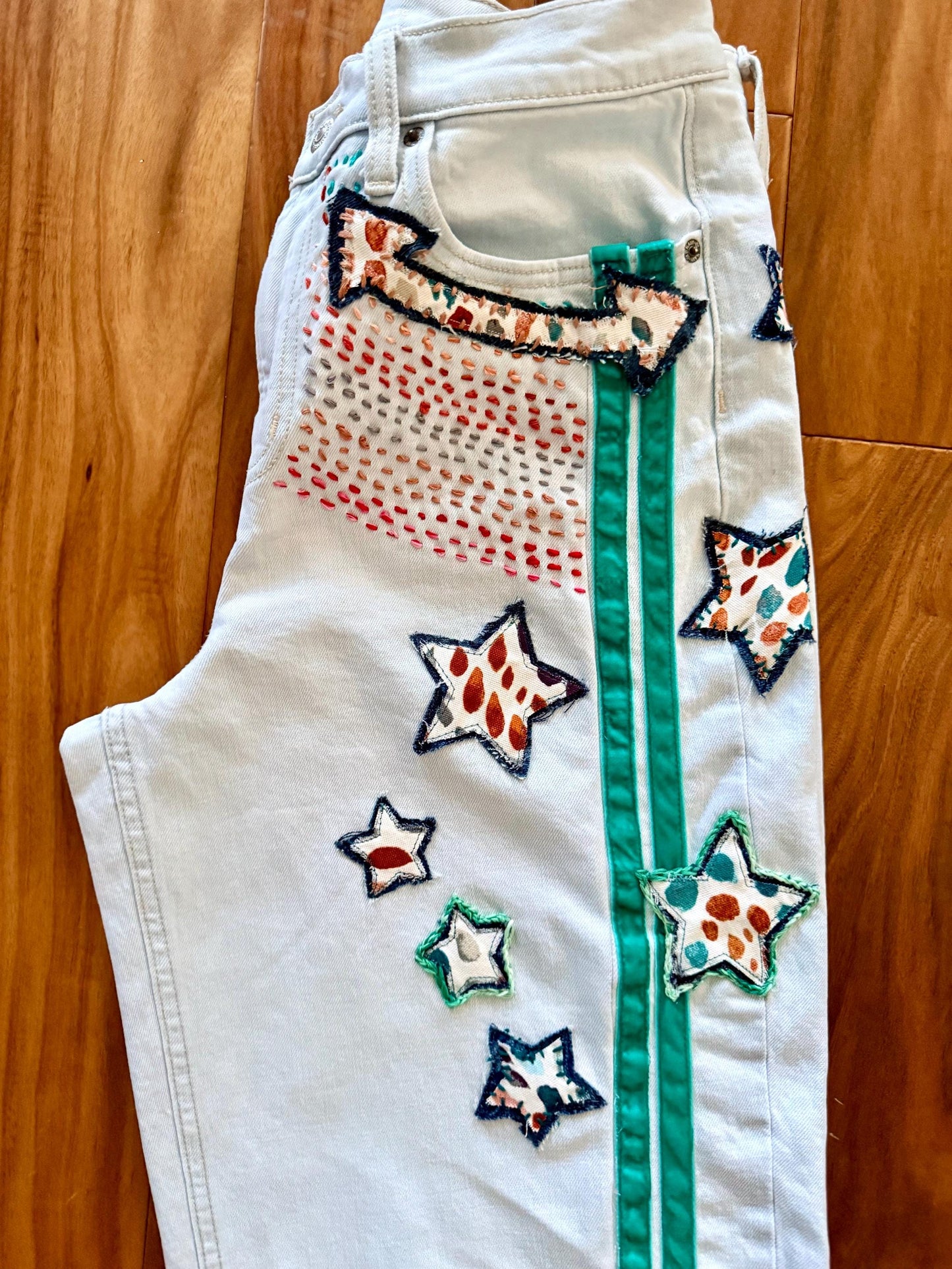 Reworked Barrel Jeans: Hand-Cut Denim Appliqué and Velvet Stripes, Light Wash