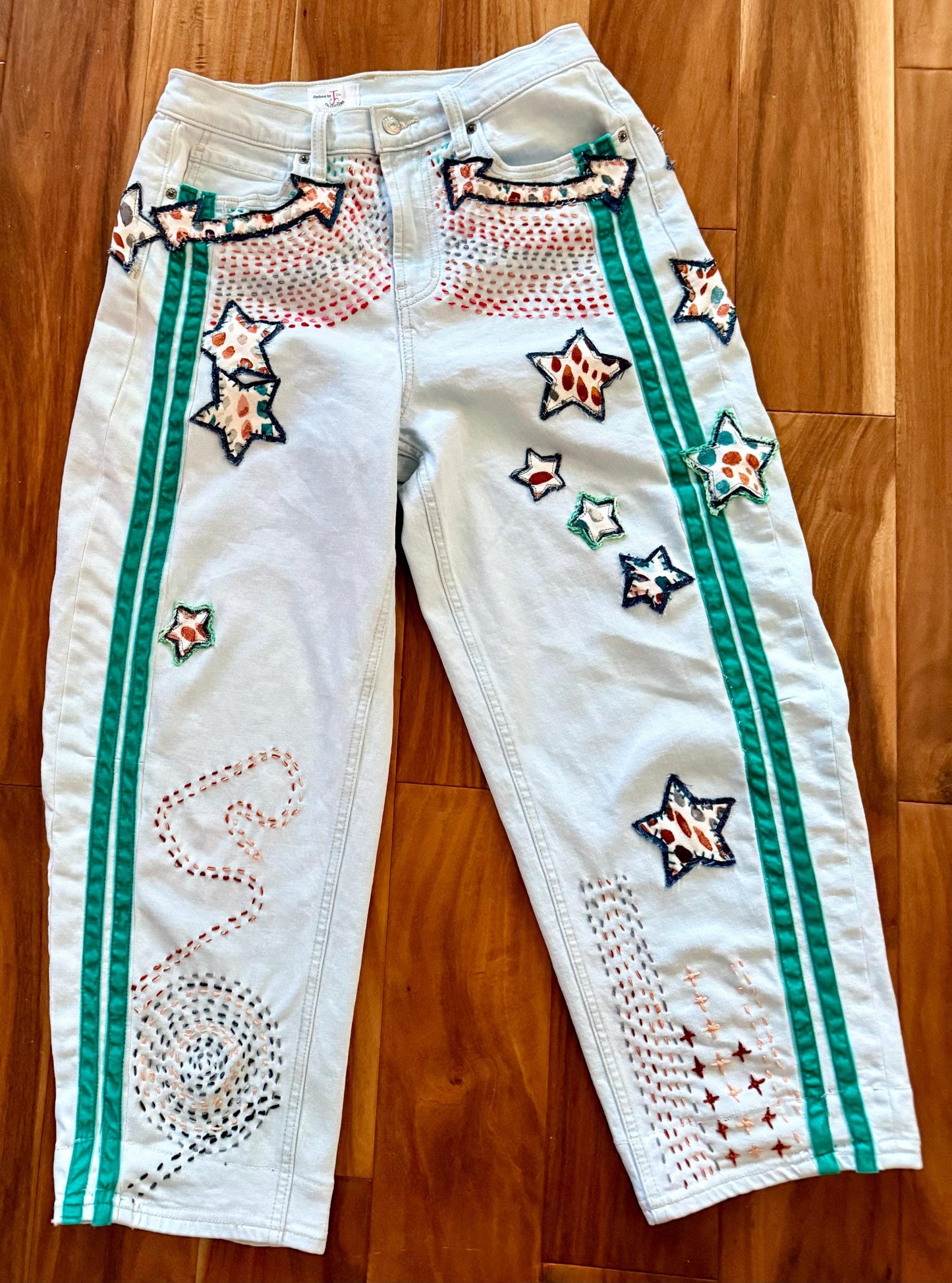 Reworked Barrel Jeans: Hand-Cut Denim Appliqué and Velvet Stripes, Light Wash