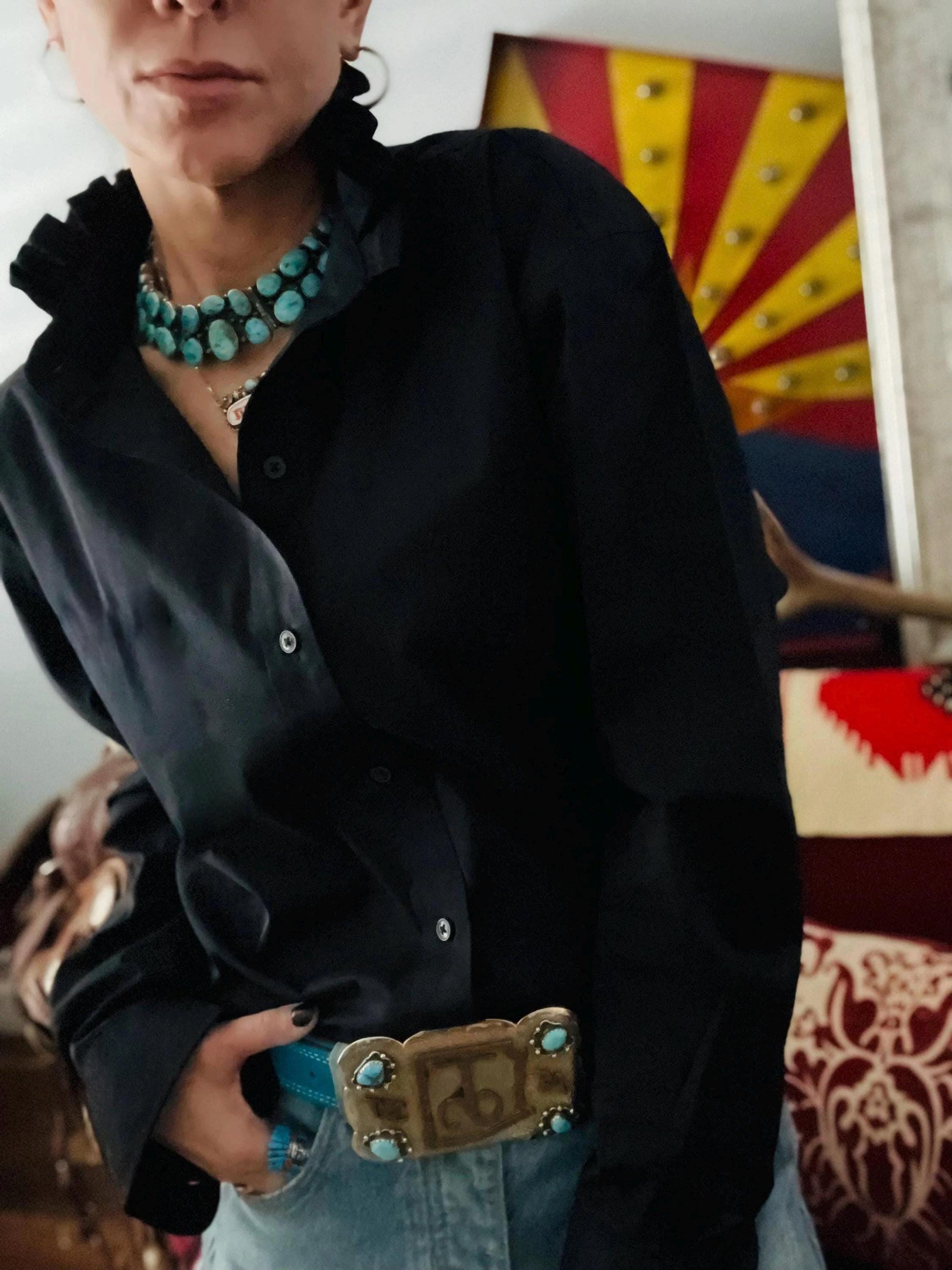 Black Ladies Ruffle Collar Shirt