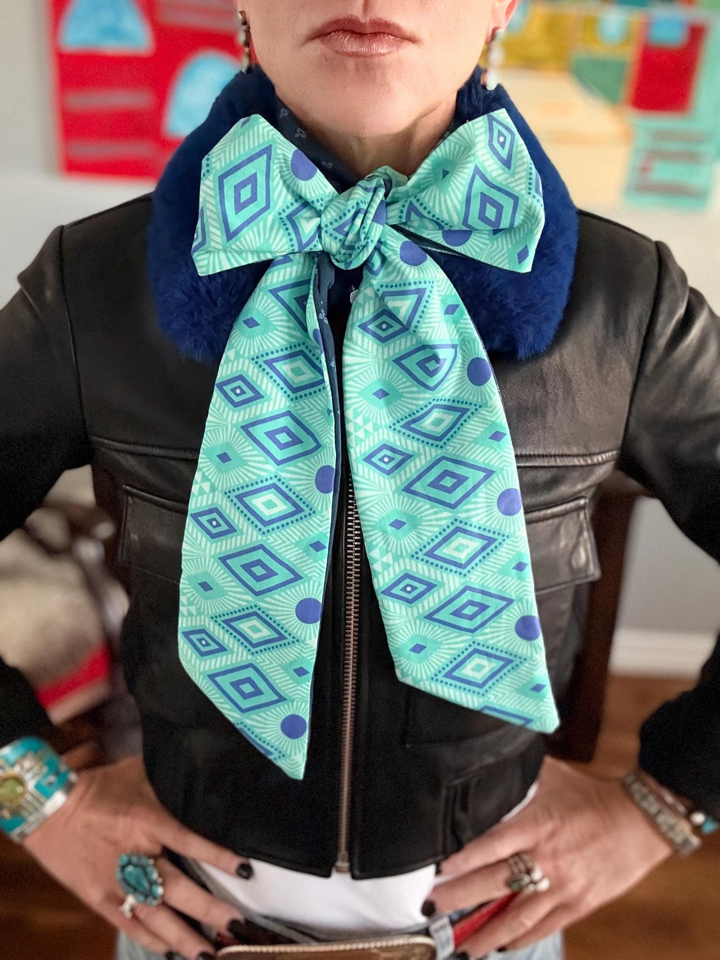 Reversible Tribal Zia Print Skinny-ish Scarf | Handmade 100% Cotton Necktie