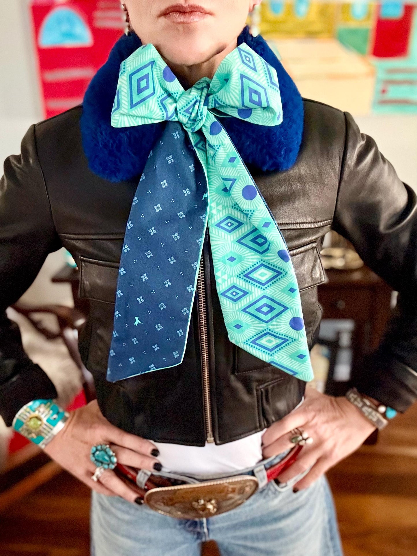Reversible Tribal Zia Print Skinny-ish Scarf | Handmade 100% Cotton Necktie
