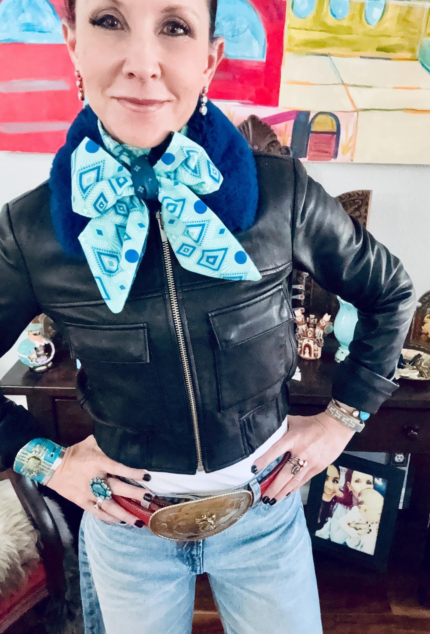 Reversible Tribal Zia Print Skinny-ish Scarf | Handmade 100% Cotton Necktie