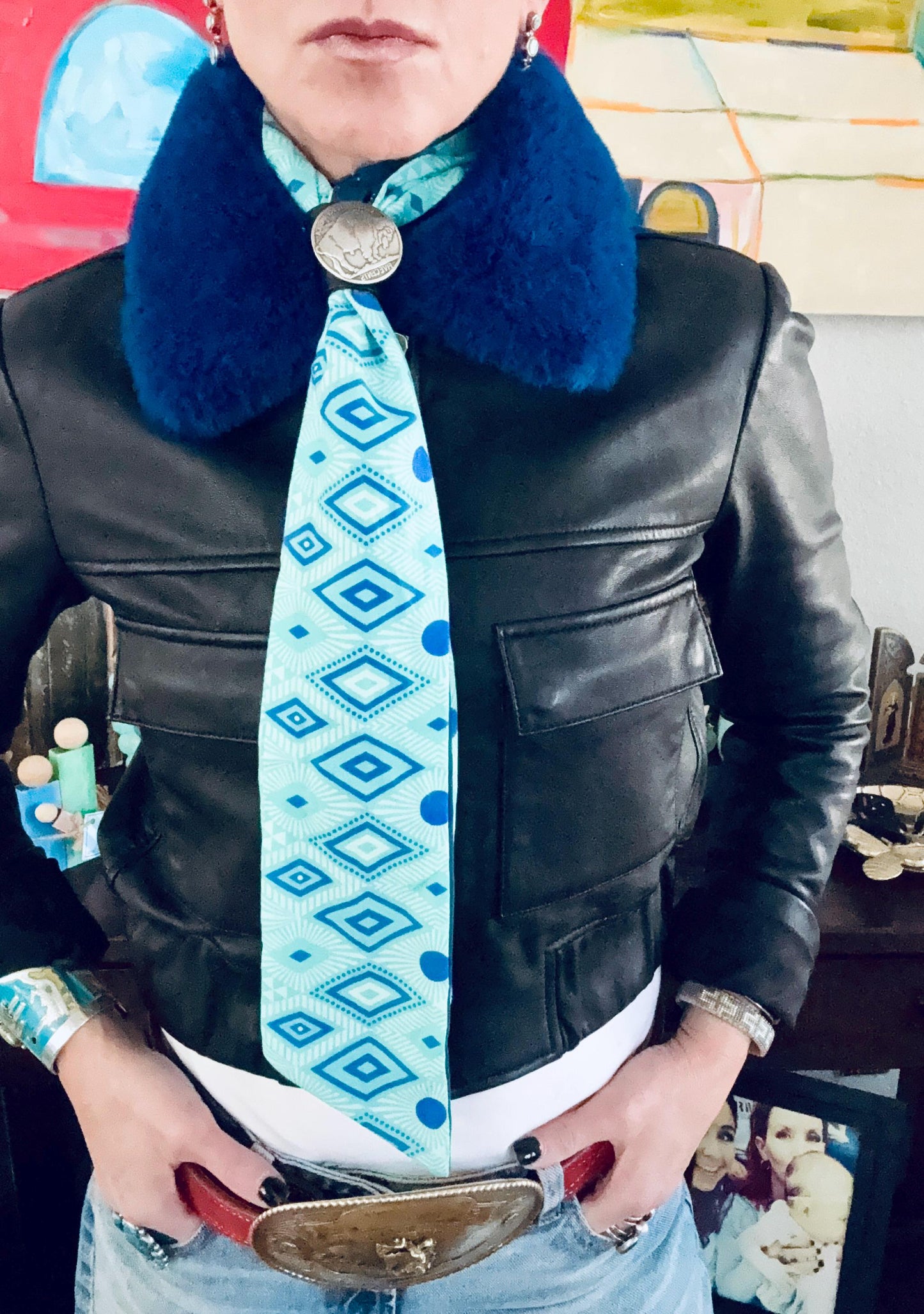 Reversible Tribal Zia Print Skinny-ish Scarf | Handmade 100% Cotton Necktie