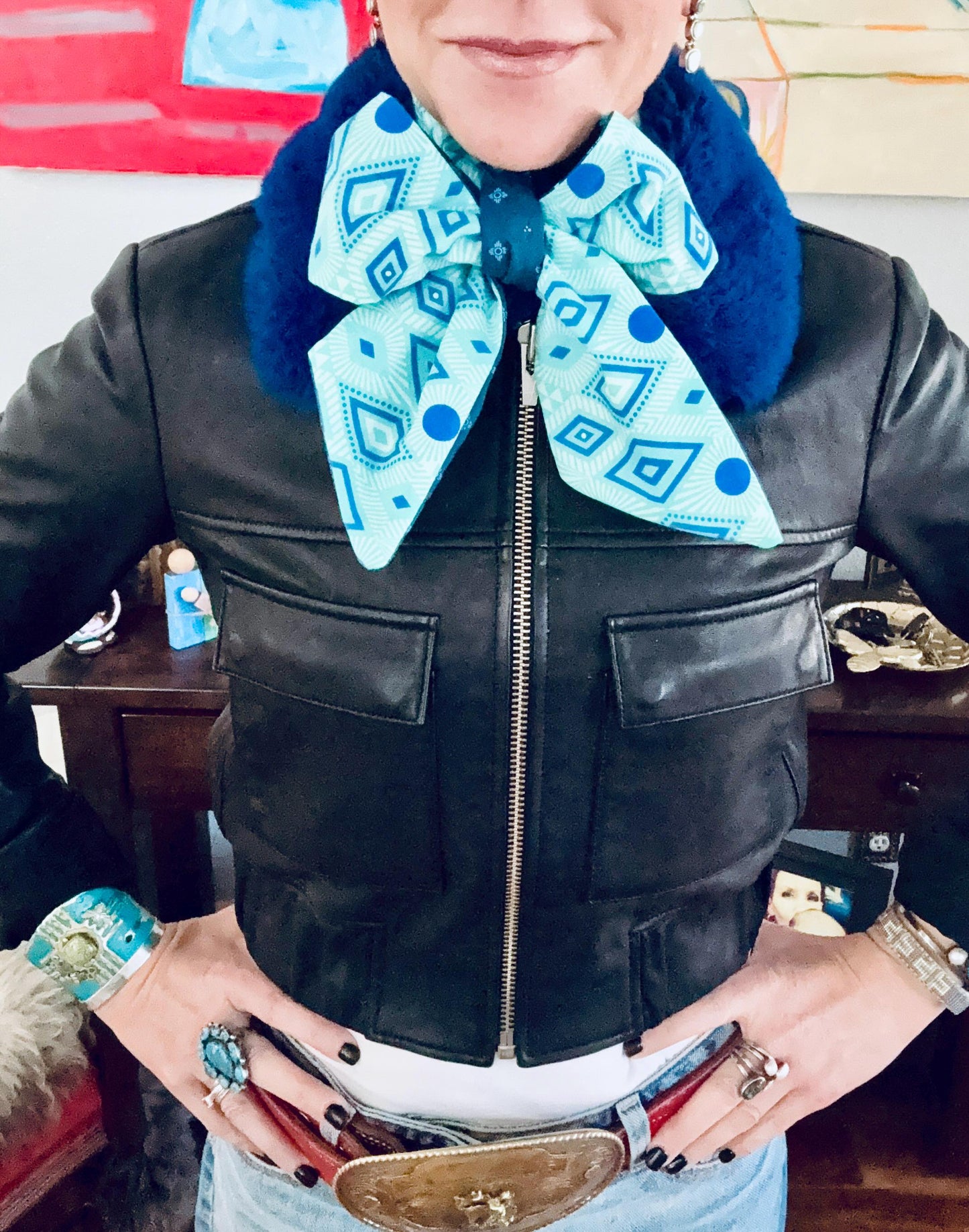 Reversible Tribal Zia Print Skinny-ish Scarf | Handmade 100% Cotton Necktie