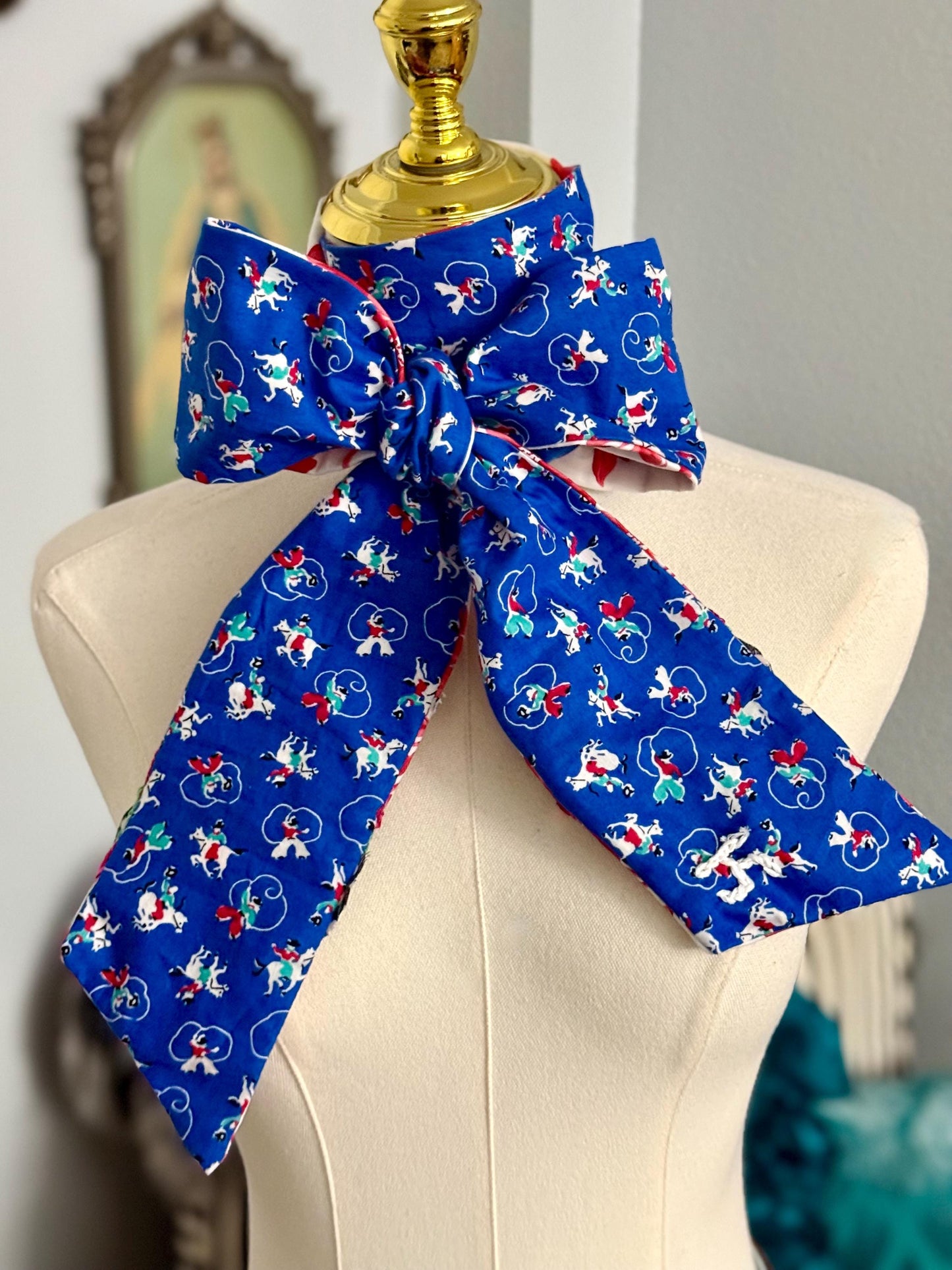 Handmade Western Scarf, Tiny Bronc Buster and Roper Print, Upcycled Denim Stars