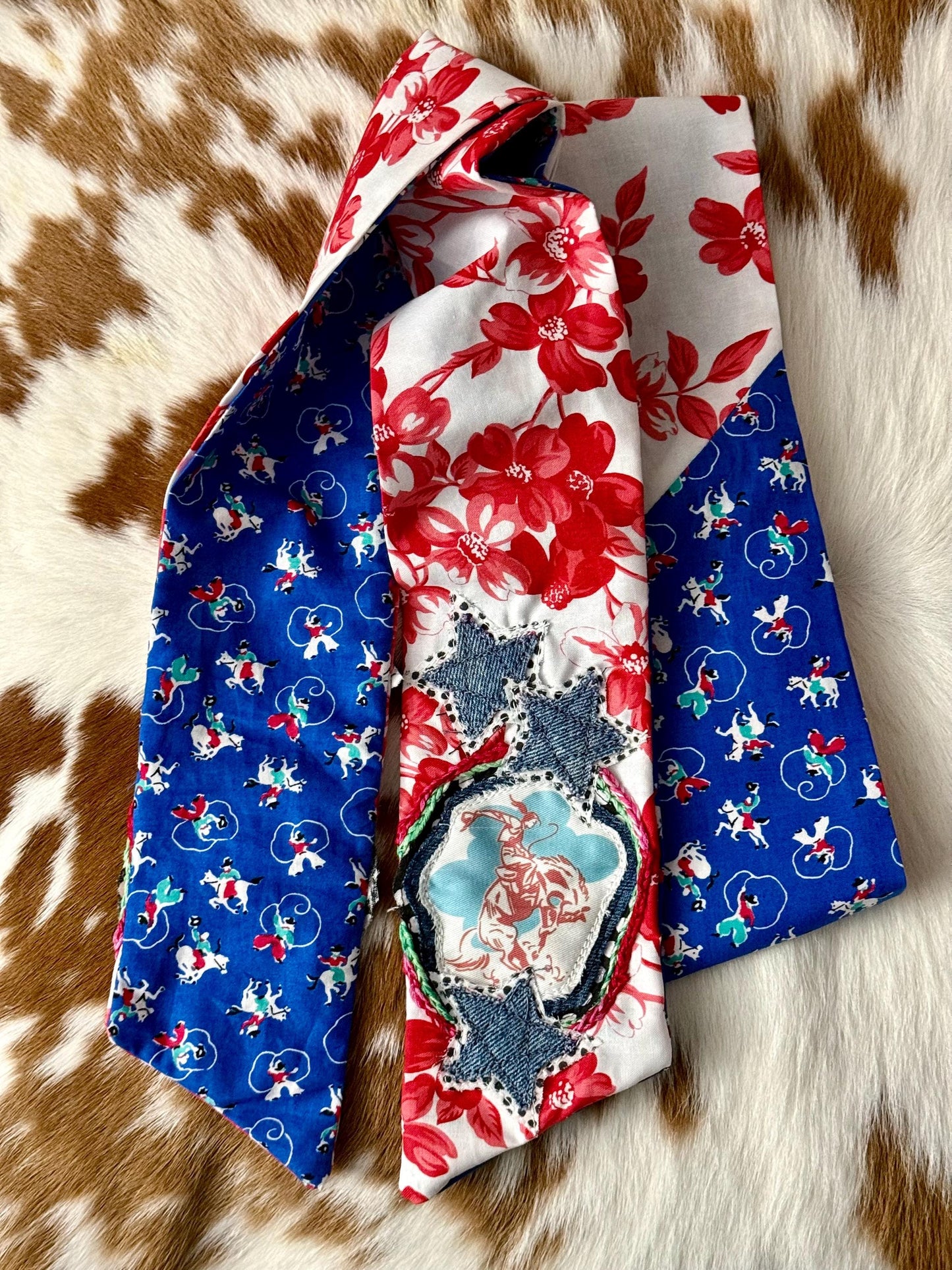 Handmade Western Scarf, Tiny Bronc Buster and Roper Print, Upcycled Denim Stars
