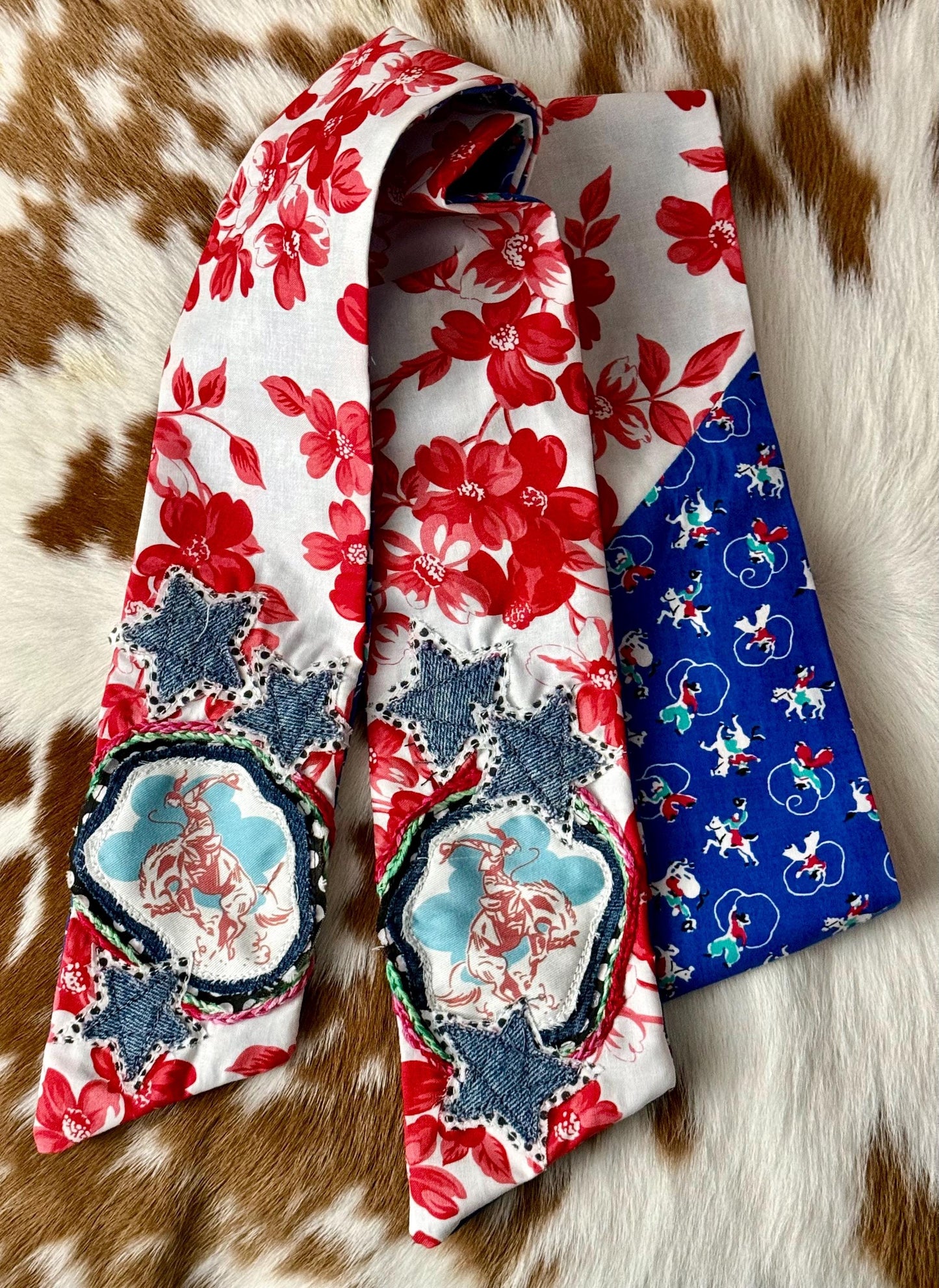 Handmade Western Scarf, Tiny Bronc Buster and Roper Print, Upcycled Denim Stars