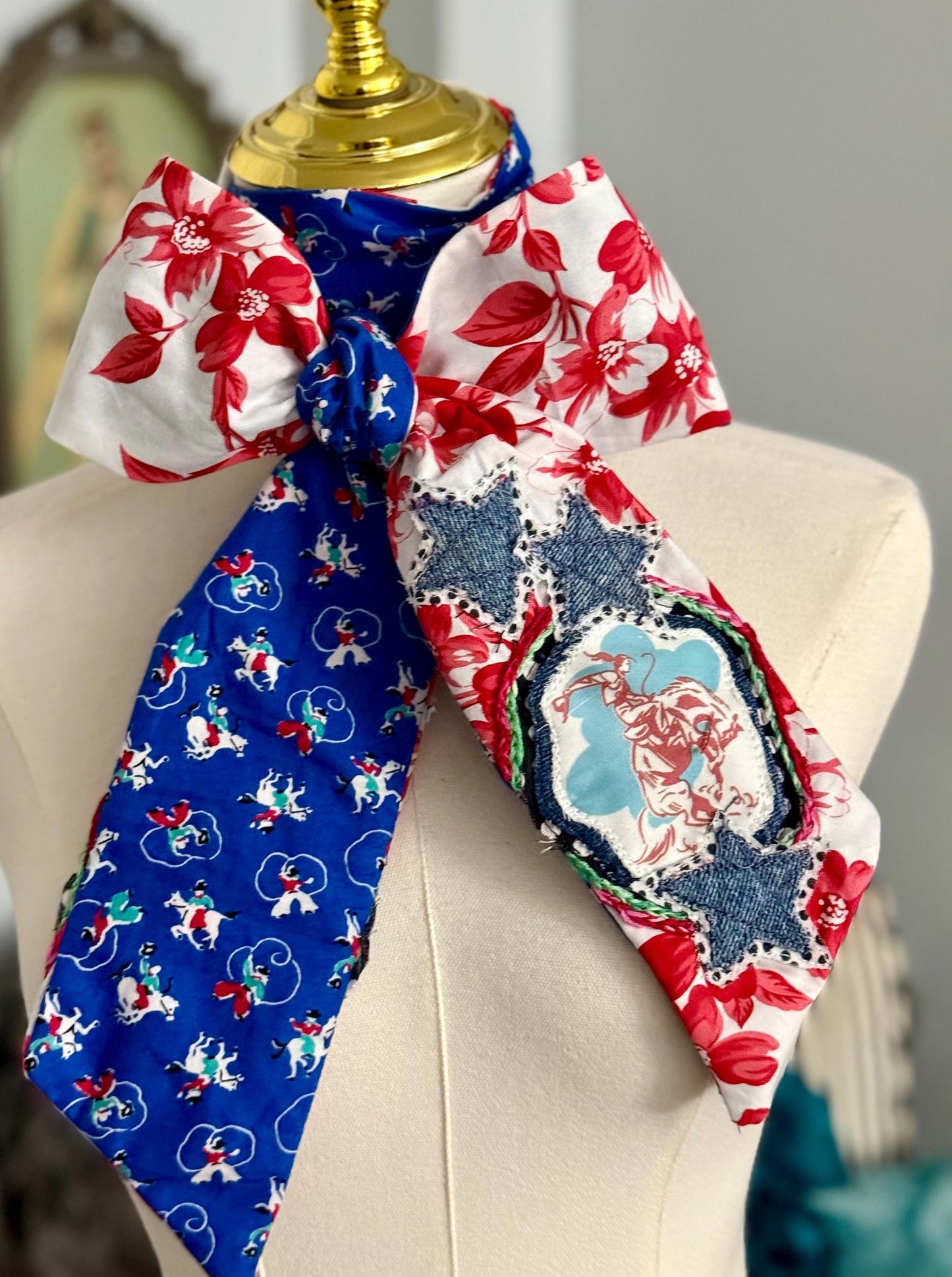 Handmade Western Scarf, Tiny Bronc Buster and Roper Print, Upcycled Denim Stars