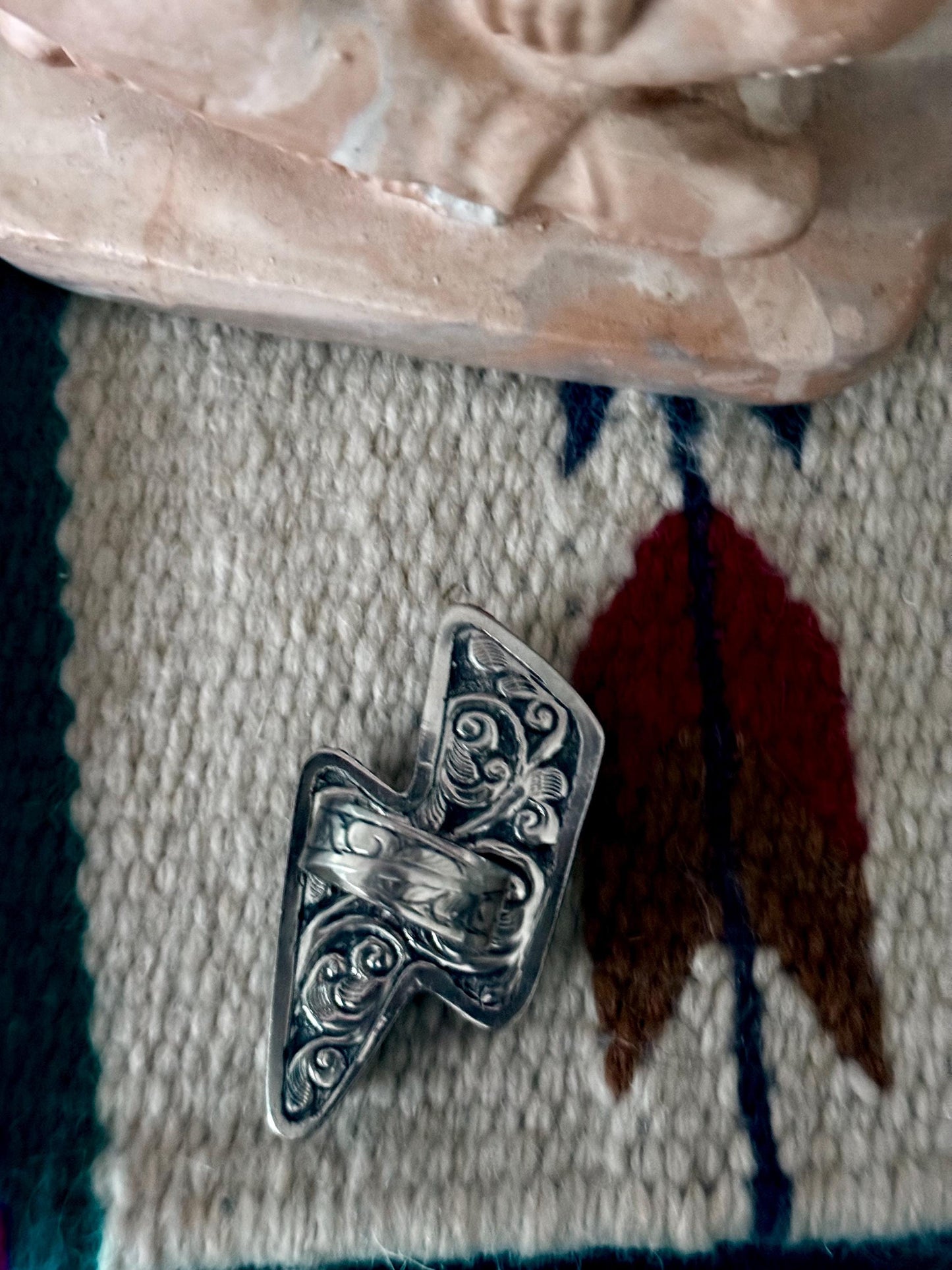 Chunky Tibetan Silver Lightning Bolt Ring, Howlite Turquoise Stone, Adjustable Boho Western Statement