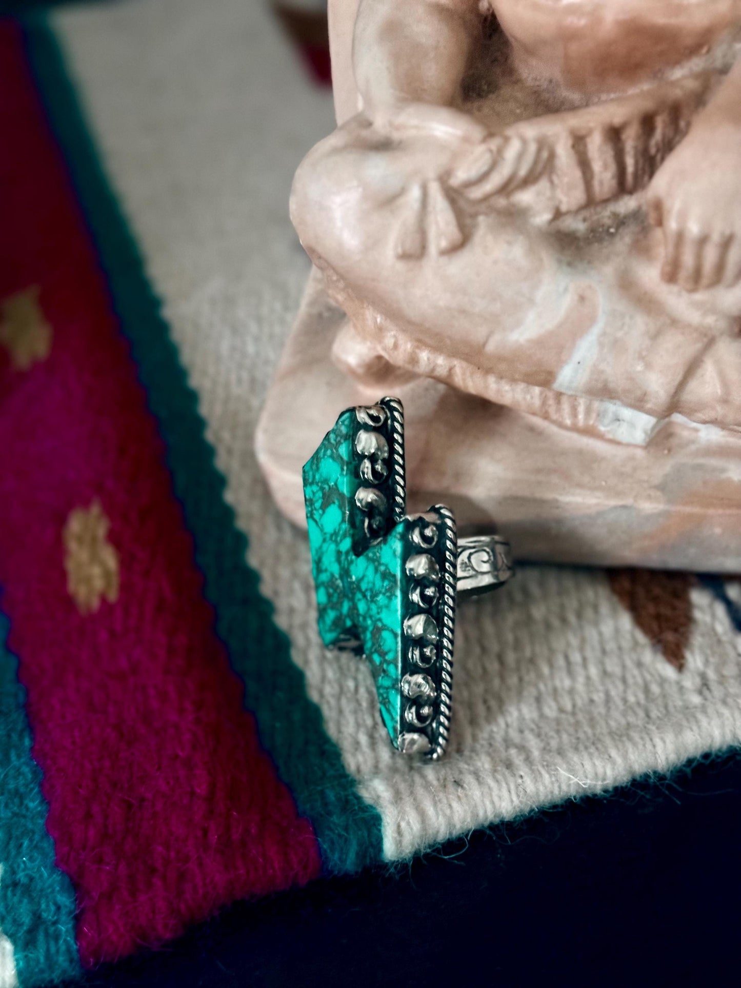 Chunky Tibetan Silver Lightning Bolt Ring, Howlite Turquoise Stone, Adjustable Boho Western Statement