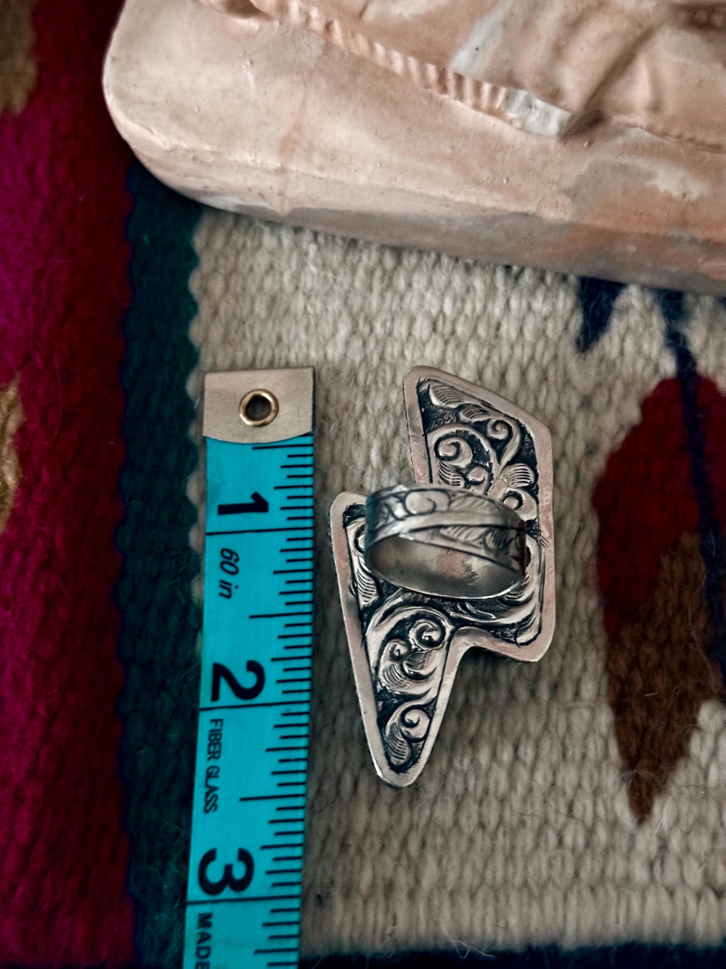 Chunky Tibetan Silver Lightning Bolt Ring, Howlite Turquoise Stone, Adjustable Boho Western Statement