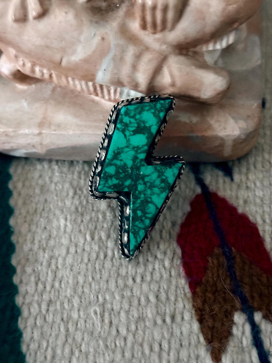 Chunky Tibetan Silver Lightning Bolt Ring, Howlite Turquoise Stone, Adjustable Boho Western Statement