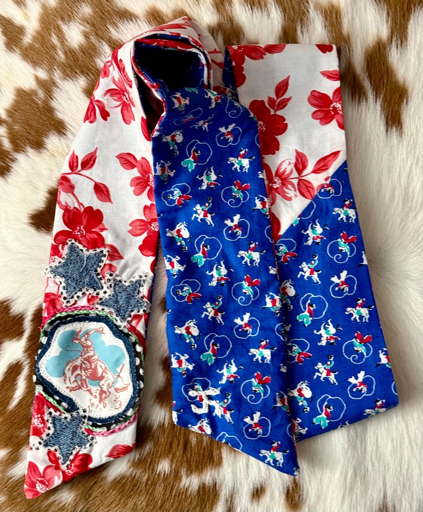 Handmade Western Scarf, Tiny Bronc Buster and Roper Print, Upcycled Denim Stars