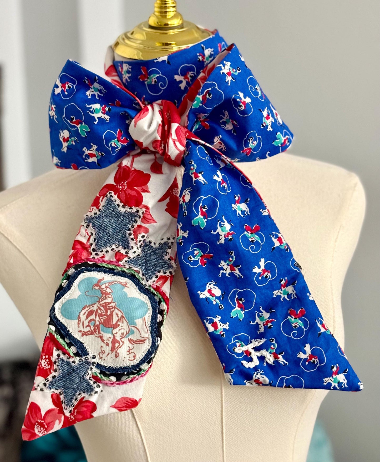 Handmade Western Scarf, Tiny Bronc Buster and Roper Print, Upcycled Denim Stars