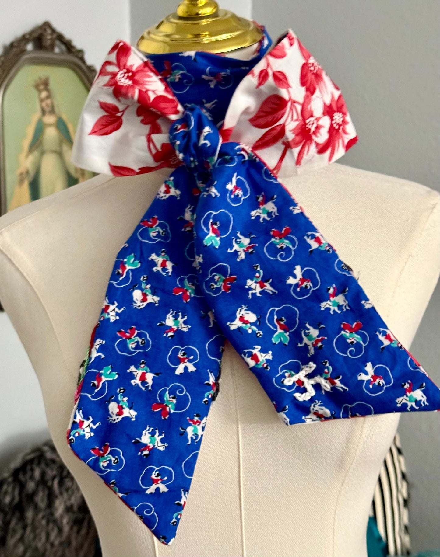 Handmade Western Scarf, Tiny Bronc Buster and Roper Print, Upcycled Denim Stars