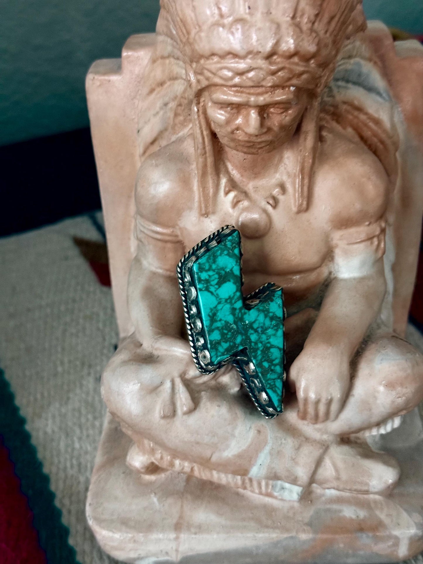 Chunky Tibetan Silver Lightning Bolt Ring, Howlite Turquoise Stone, Adjustable Boho Western Statement