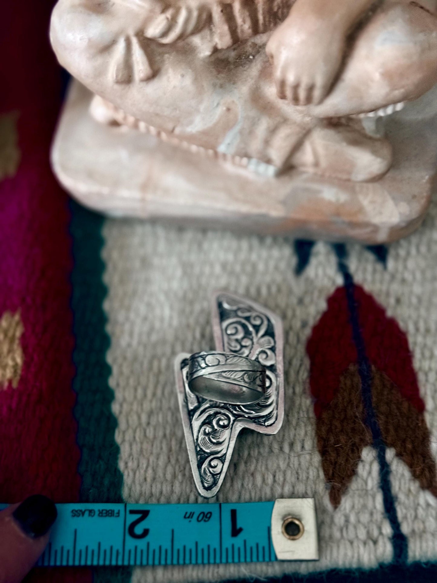 Chunky Tibetan Silver Lightning Bolt Ring, Howlite Turquoise Stone, Adjustable Boho Western Statement