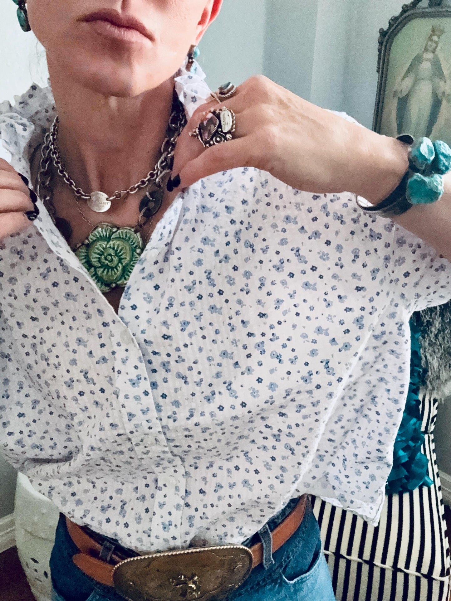 Reworked Seersucker Shirt: White Blue Tiny Flowers Ruffle Collar Top Boxy Fit