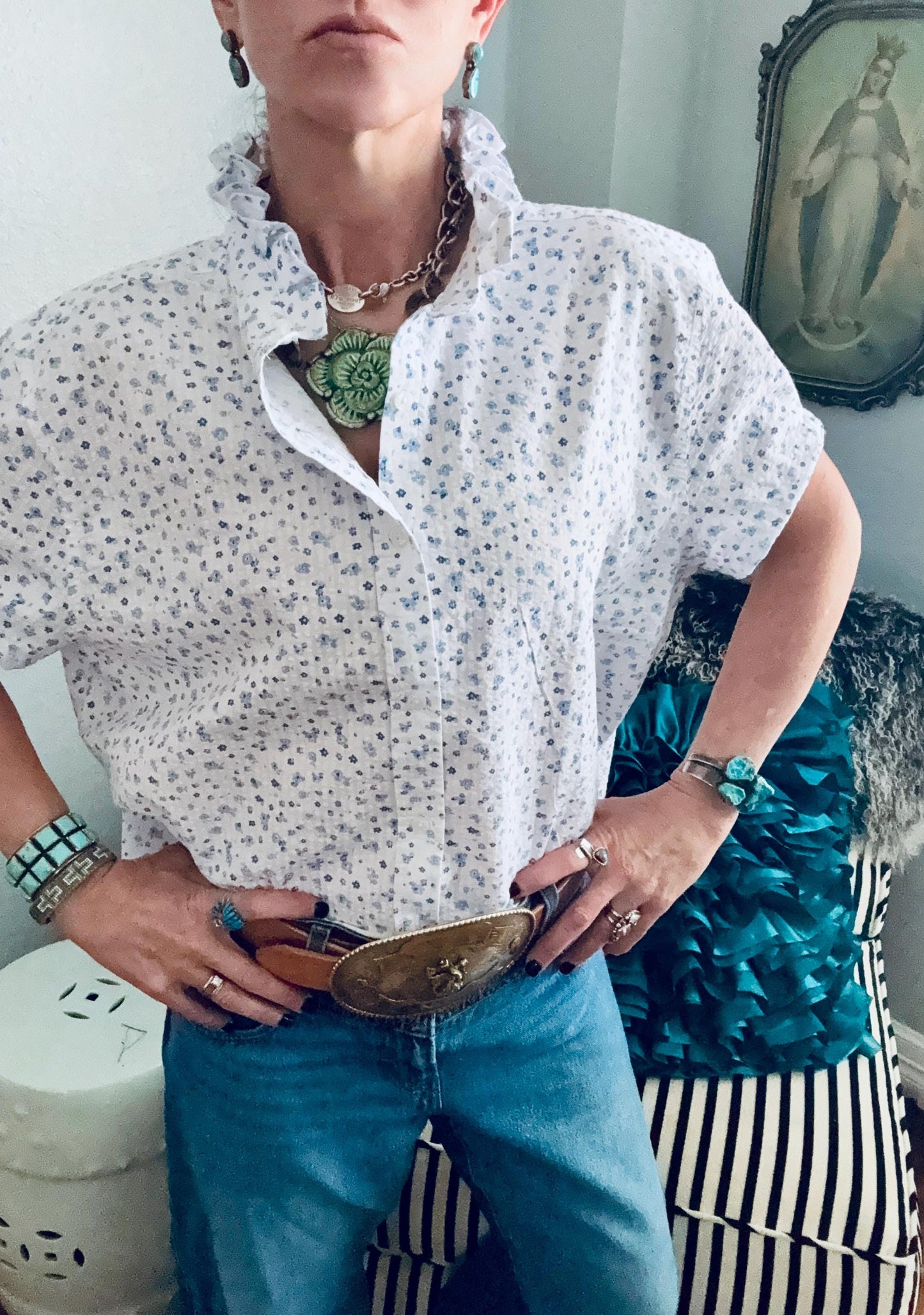 Reworked Seersucker Shirt: White Blue Tiny Flowers Ruffle Collar Top Boxy Fit