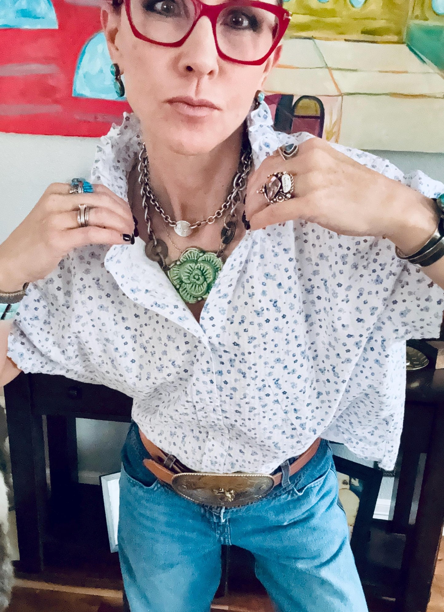 Reworked Seersucker Shirt: White Blue Tiny Flowers Ruffle Collar Top Boxy Fit