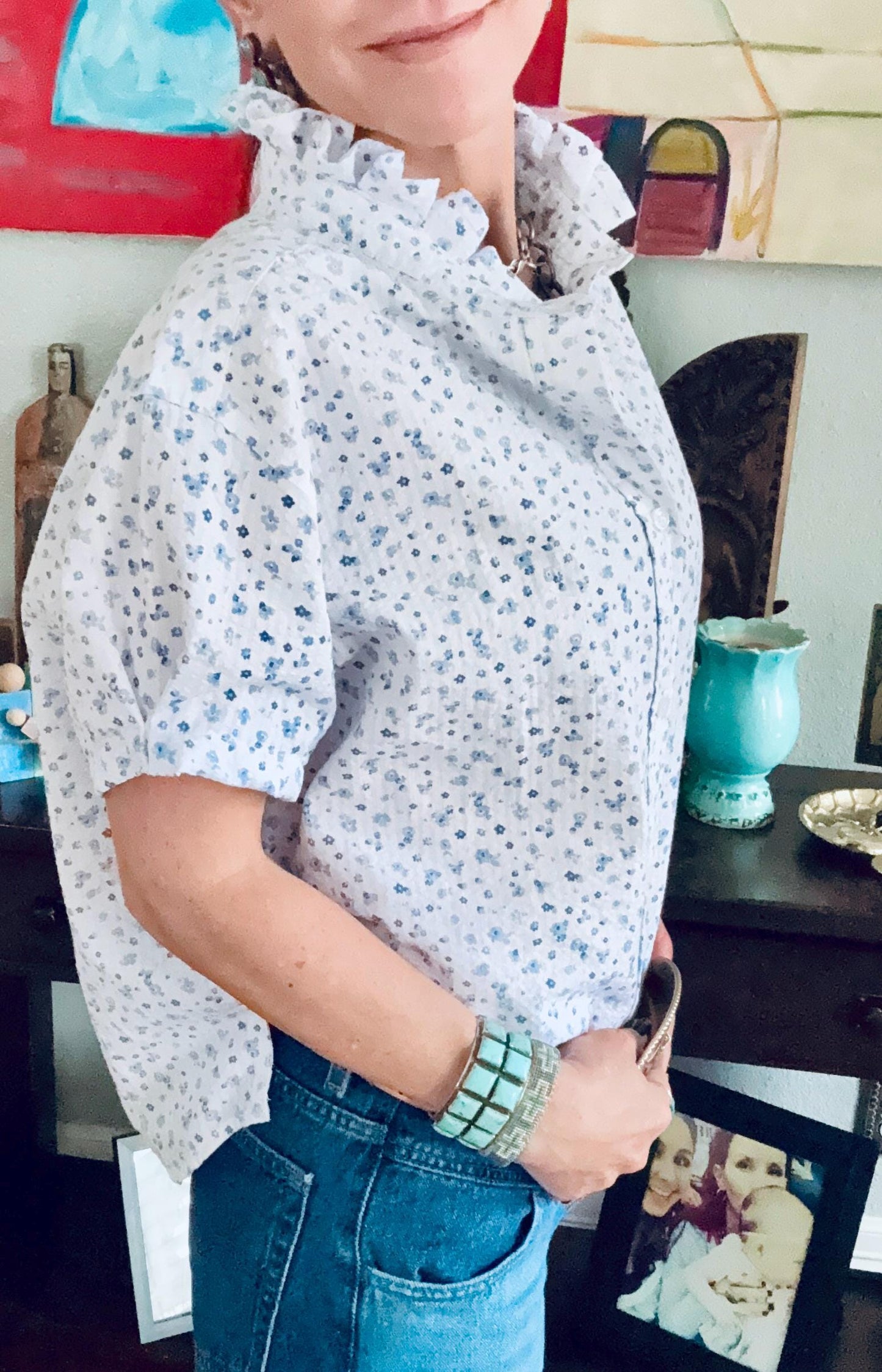 Reworked Seersucker Shirt: White Blue Tiny Flowers Ruffle Collar Top Boxy Fit