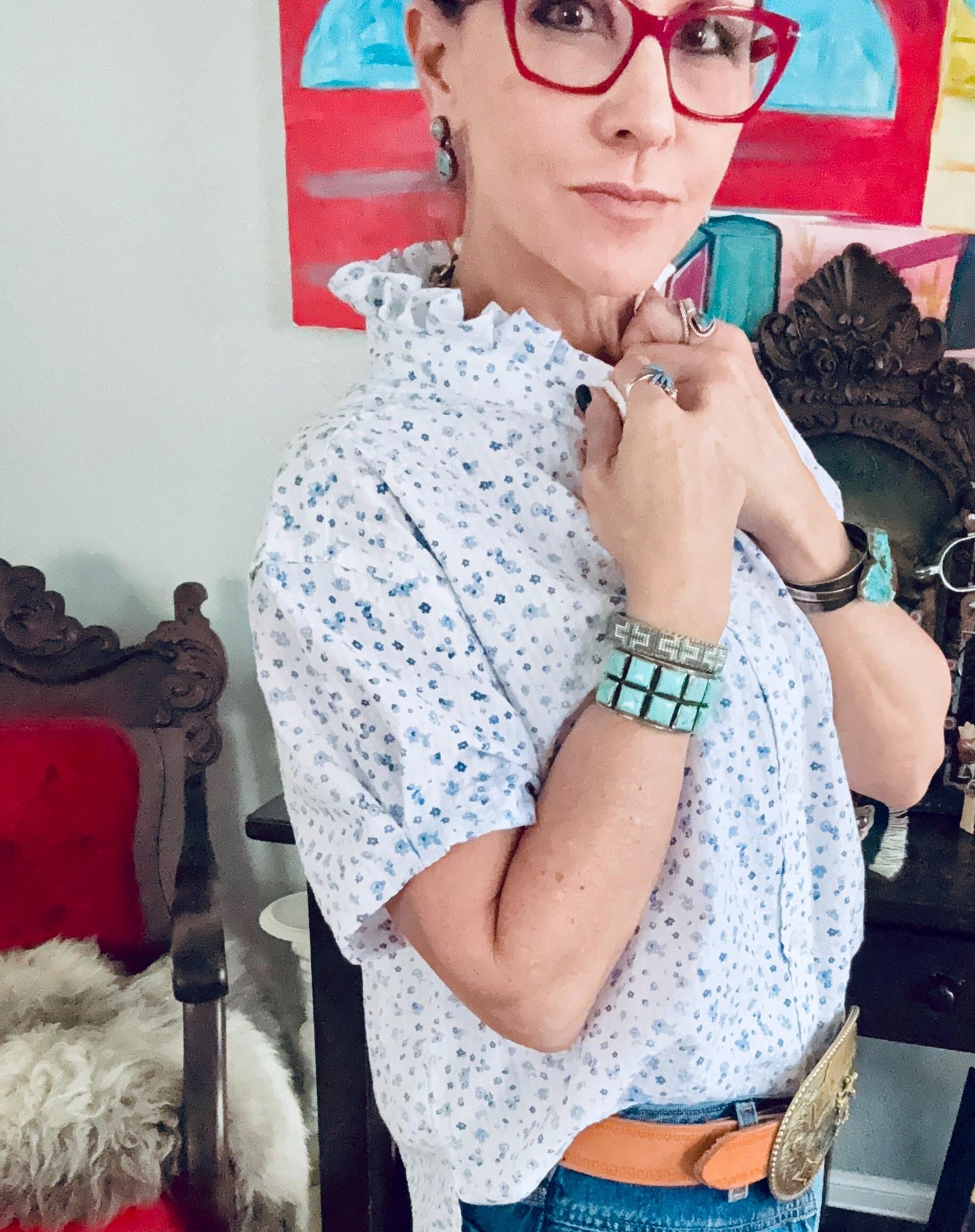 Reworked Seersucker Shirt: White Blue Tiny Flowers Ruffle Collar Top Boxy Fit