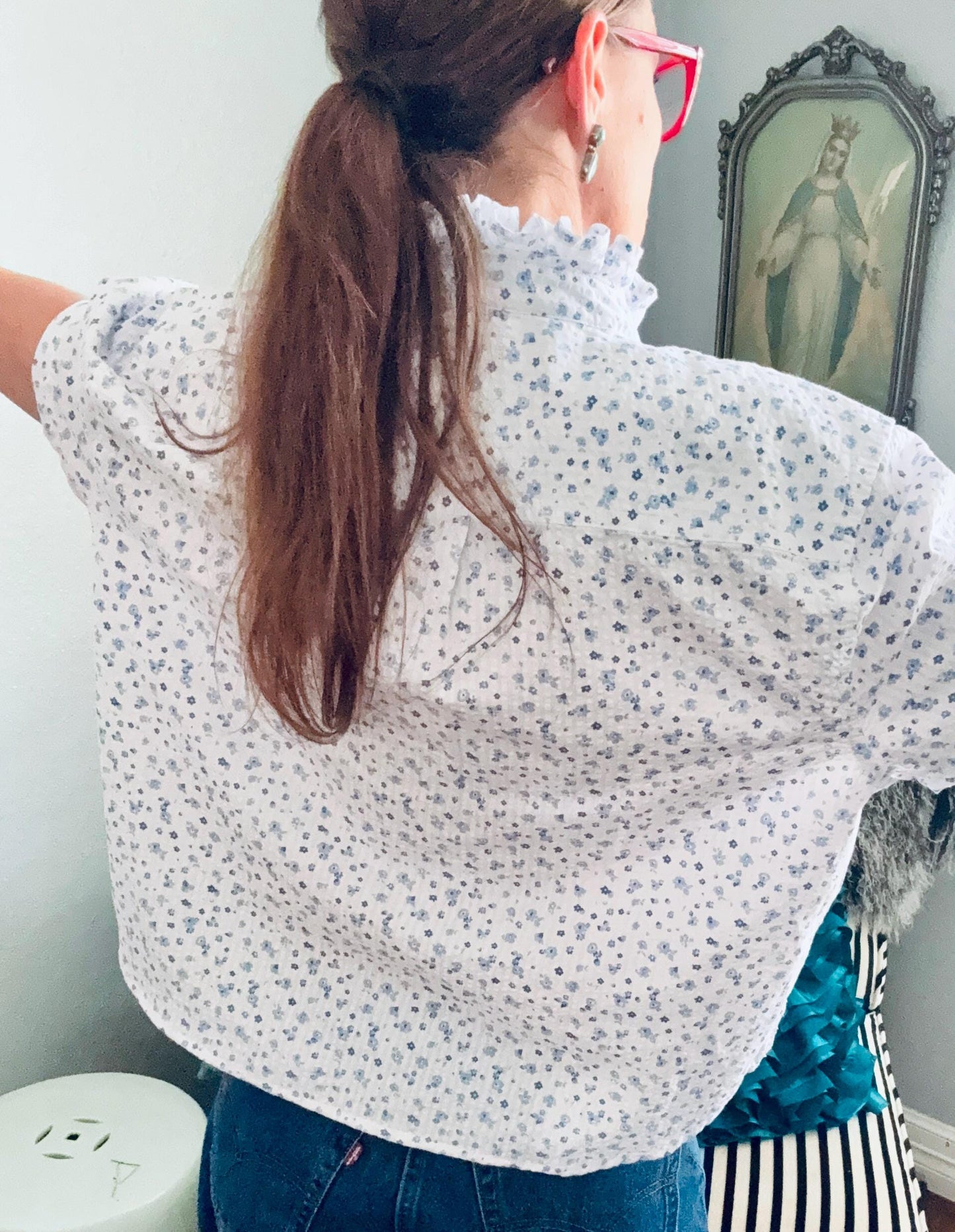 Reworked Seersucker Shirt: White Blue Tiny Flowers Ruffle Collar Top Boxy Fit