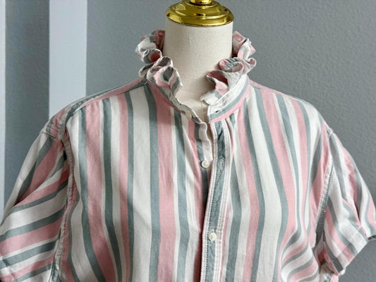Reworked Oxford Shirt: Grey, Pink & White Striped Ruffle Collar Top Boxy Fit