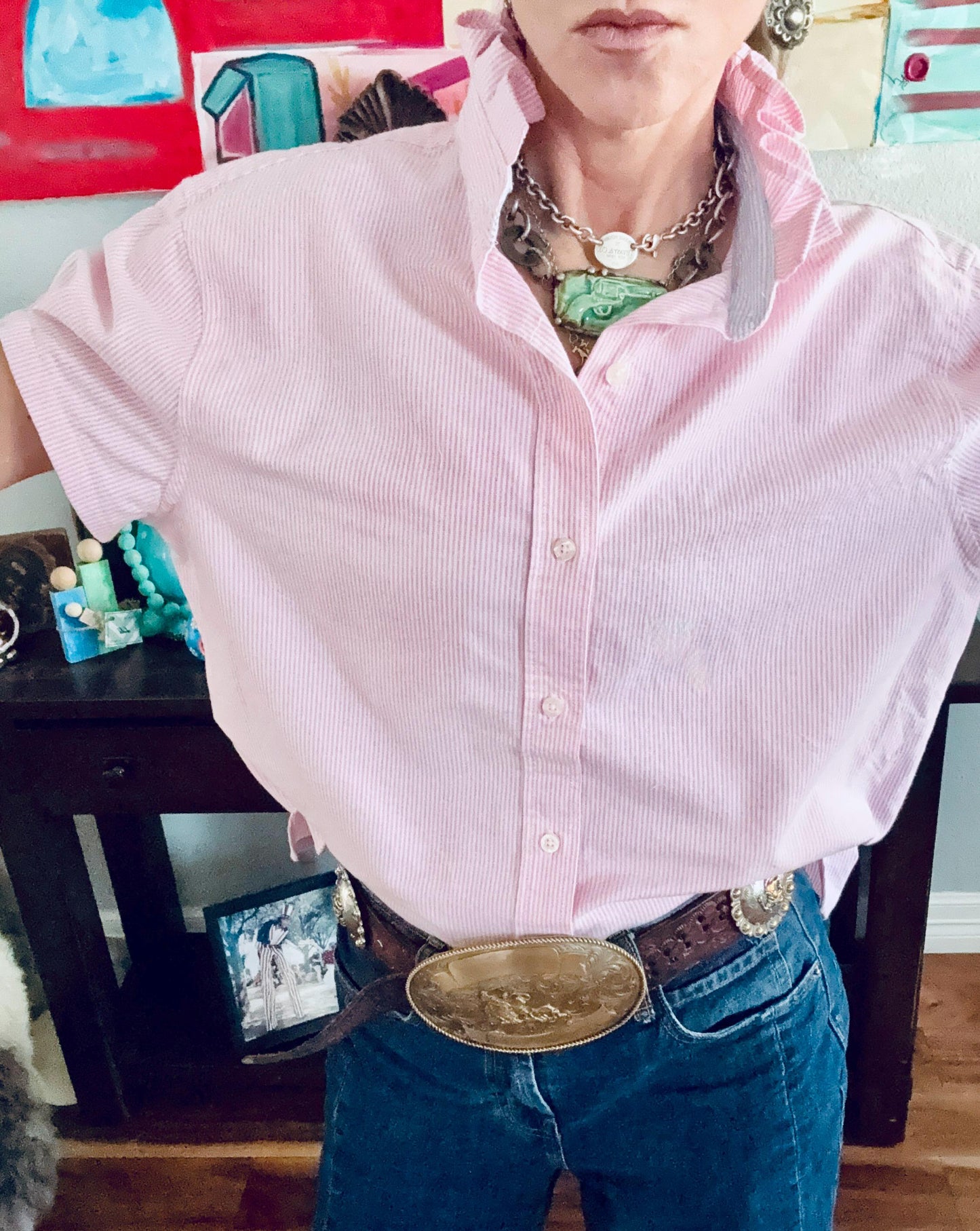 Reworked Oxford Shirt: Pink & White Striped Ruffle Collar Top Boxy Fit