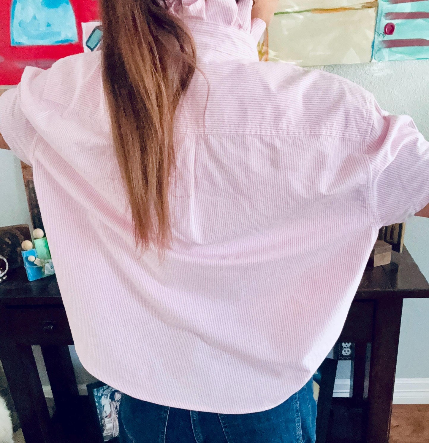 Reworked Oxford Shirt: Pink & White Striped Ruffle Collar Top Boxy Fit