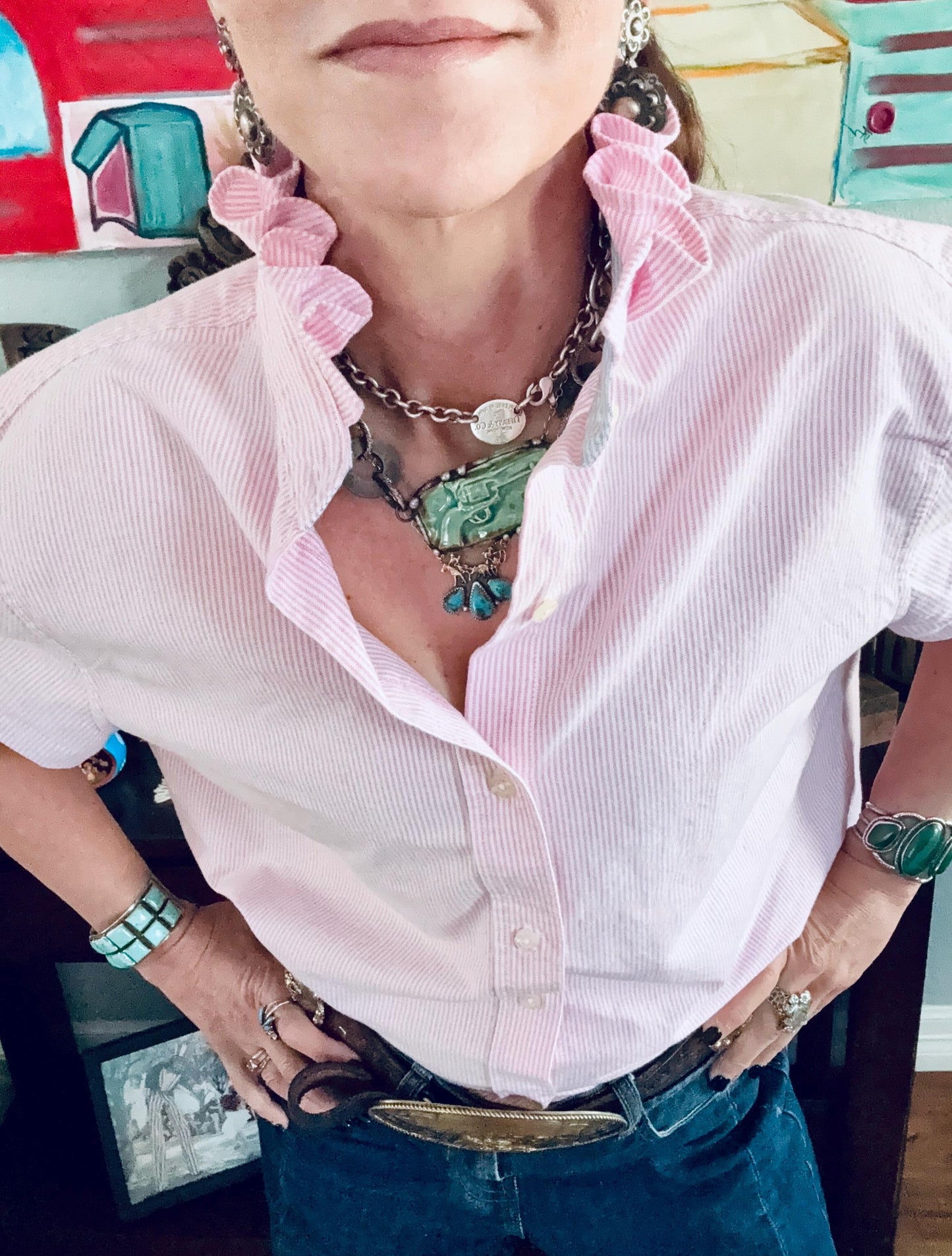 Reworked Oxford Shirt: Pink & White Striped Ruffle Collar Top Boxy Fit