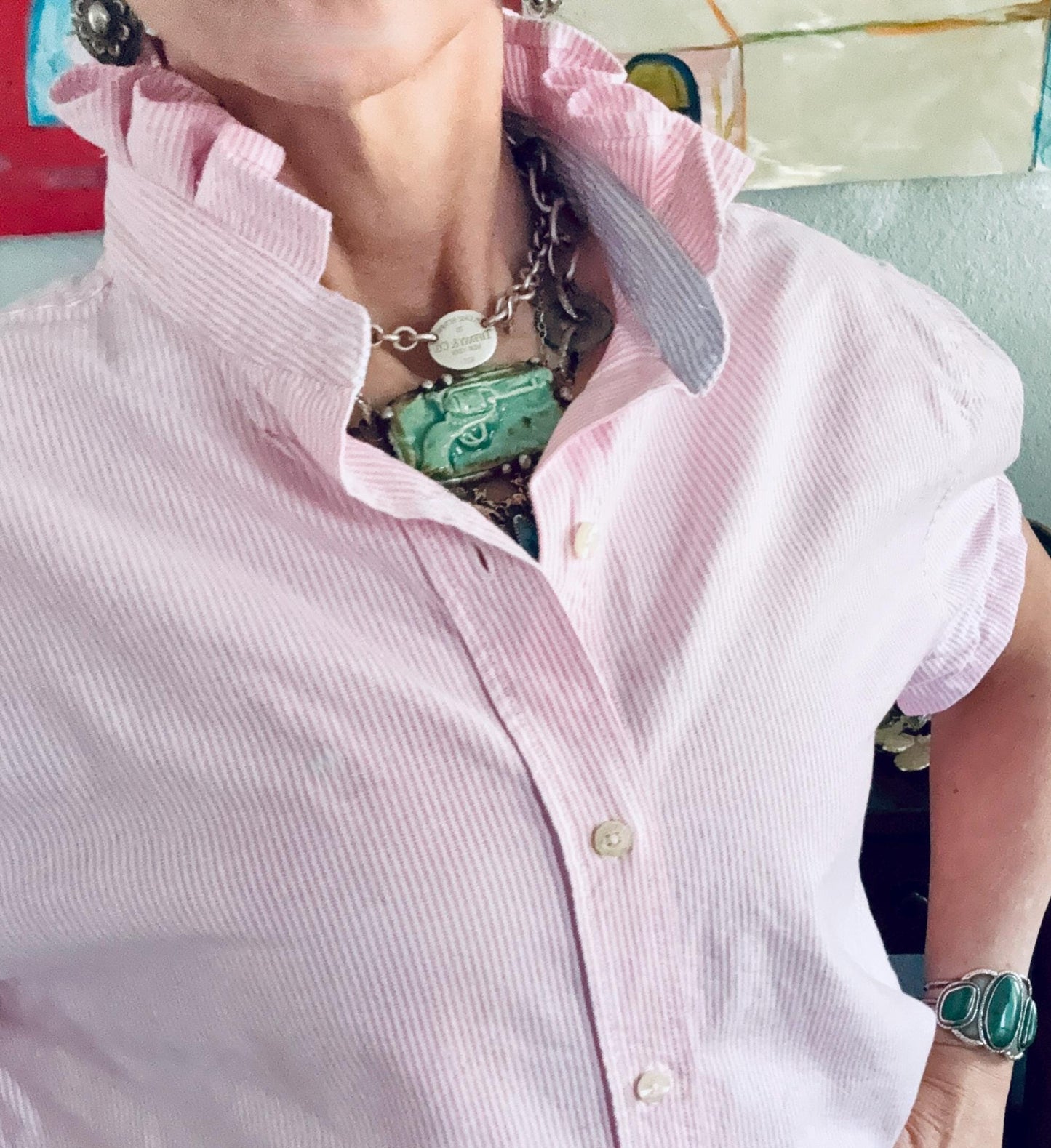 Reworked Oxford Shirt: Pink & White Striped Ruffle Collar Top Boxy Fit